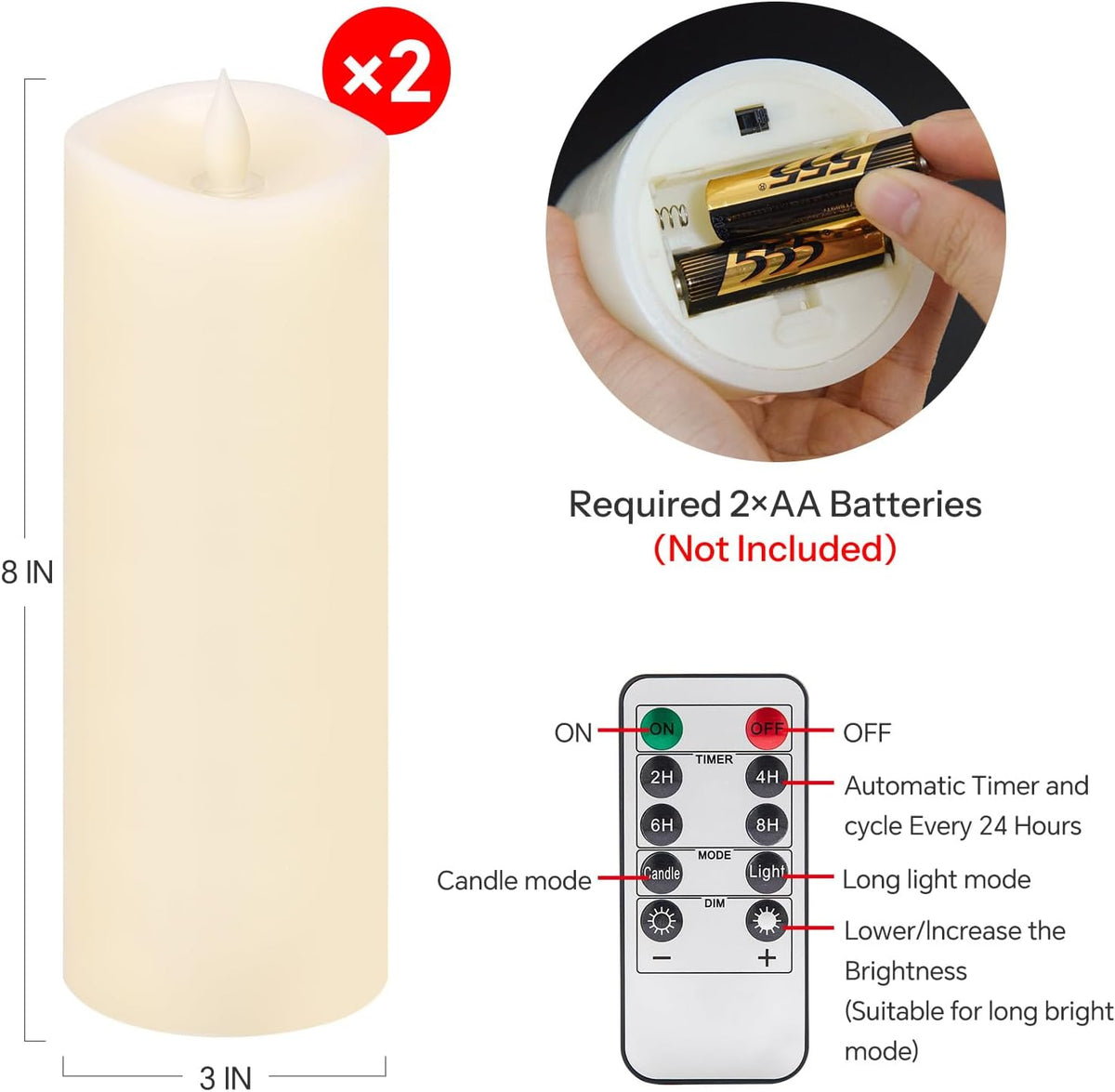 2PCS, 3 x 8 inches Flameless Candle with Remote Control, 3D Flickering Wick, Real Wax, Battery Candles,with