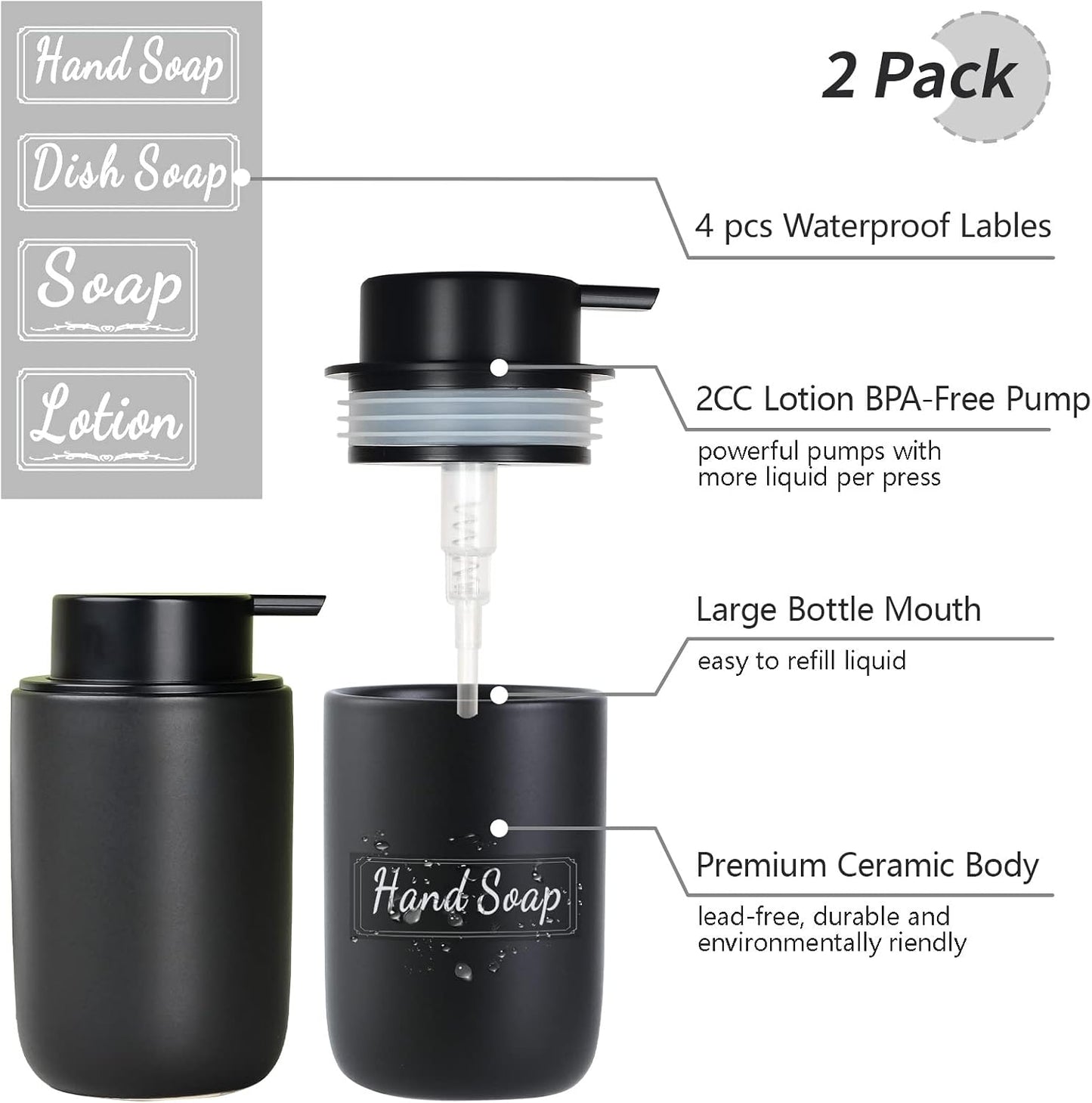 BosilunLife Black Soap Dispenser Set - 2 Pack 12oz Ceramic Soap Dispenser | with Rust Proof Pump for Kitchen, Hand Soap