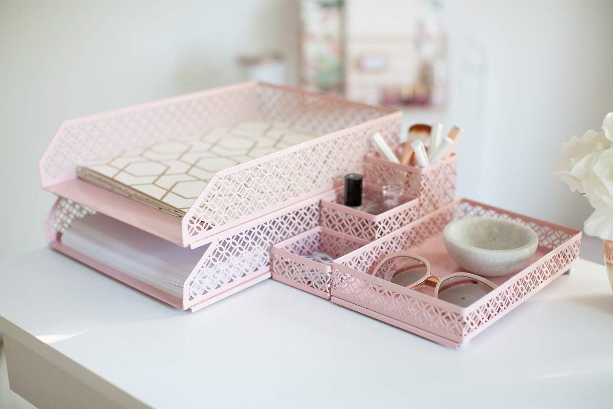 BLU MONACO | Pink Desk Organizer Set for Women 6 Piece | Mail Sorter Organizer Countertop with Letter Trays | Standing