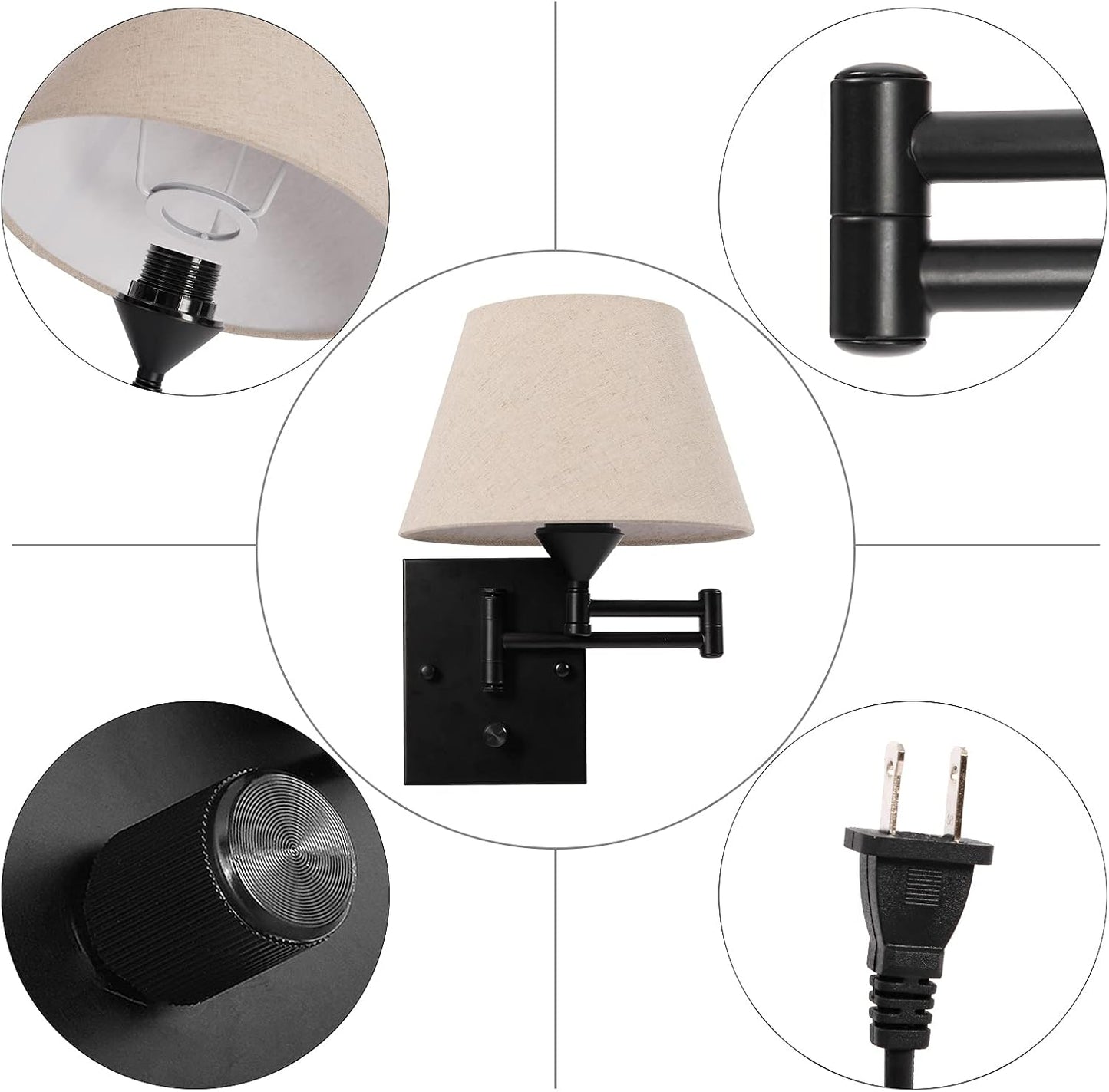 Pauwer Plug in Wall Sconce Set of 2, Swing Arm Wall Lamp (Beige Shade) | Fabric Shade, Wall Light Fixtures with Plug in