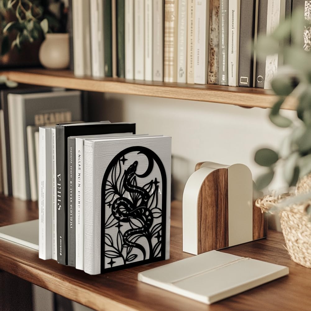 Metal Bookends / Modern Decorative Heavy Duty Study Book Support Stoppers / Bohemia Snake and Flower