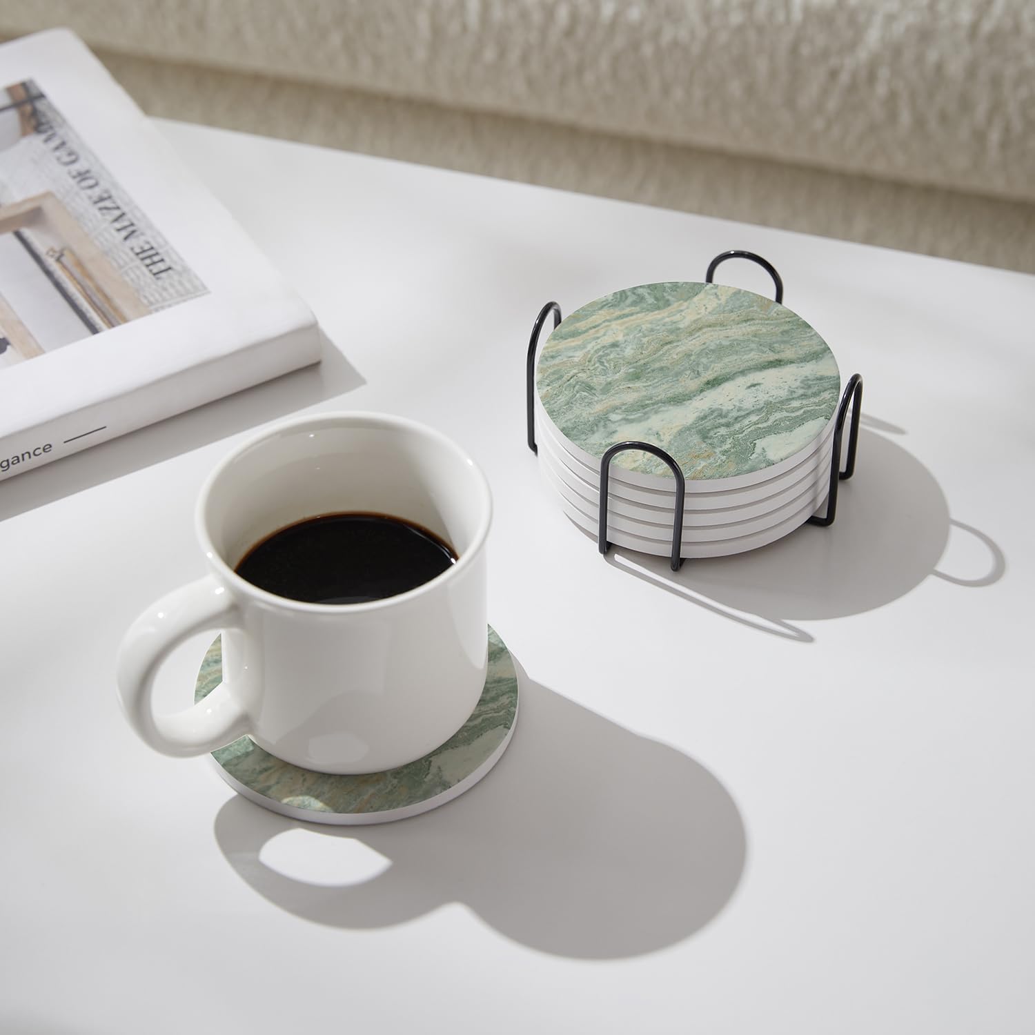 Holder / Absorbent Ceramic Coasters for Drinks / Sage Green / Set of 6
