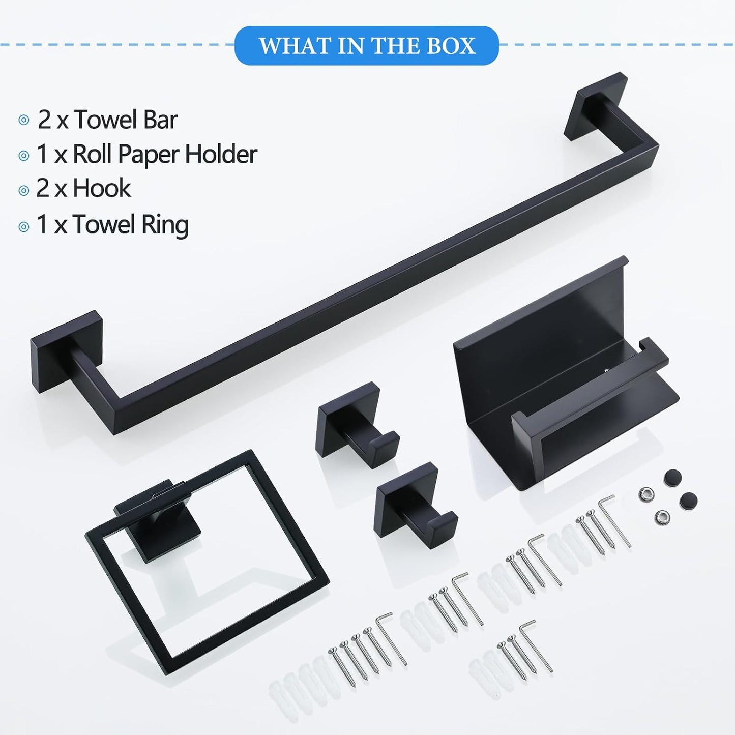 6-Piece Black Bathroom Hardware Set 23.6 Inch Towel Bar Set Double Towel Bar Towel Ring Coat Hook and Toilet Paper