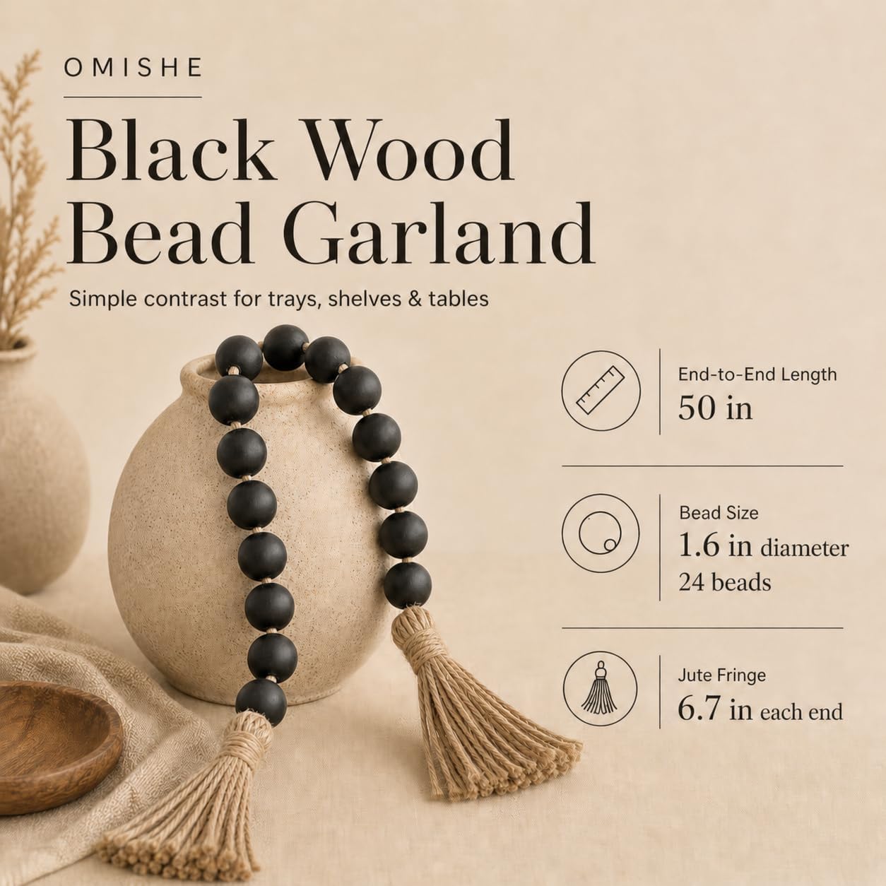 50" Long Extra Large Wood Bead Garland / 3 Black / 50 Inches