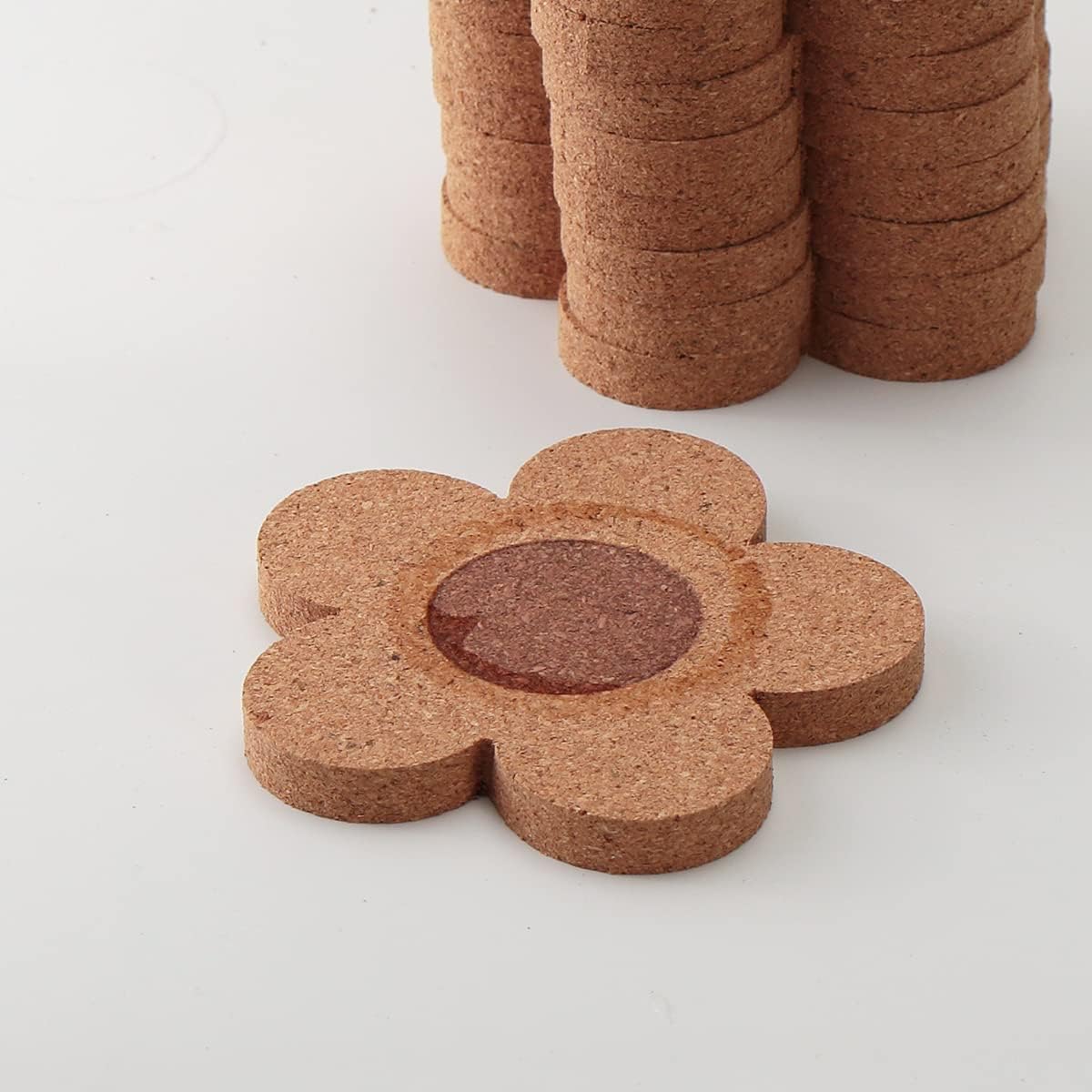 Absorbent and Reusable Coaster Set 100% Cork Flower / Flower Shape/ / Natural / 4 Inch / Set of 12