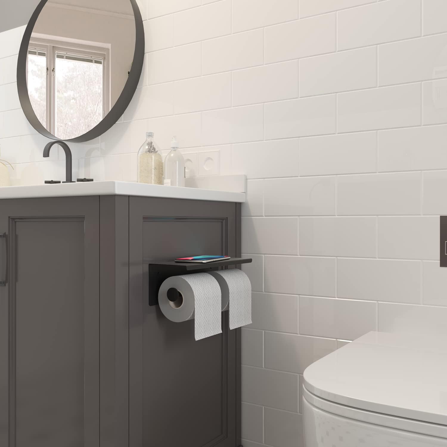 BGL Toilet Paper Holder with Shelf Matte Black, 304 Stainless Steel Wall Mount Toilet Tissue Roll Holder with Double