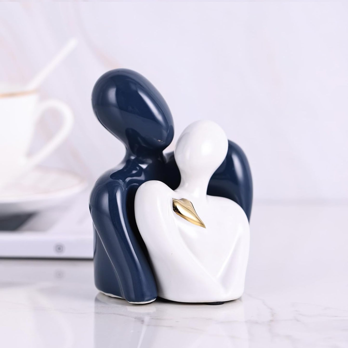 Mini Couple Ceramic Small Statue / Blue White and Gold