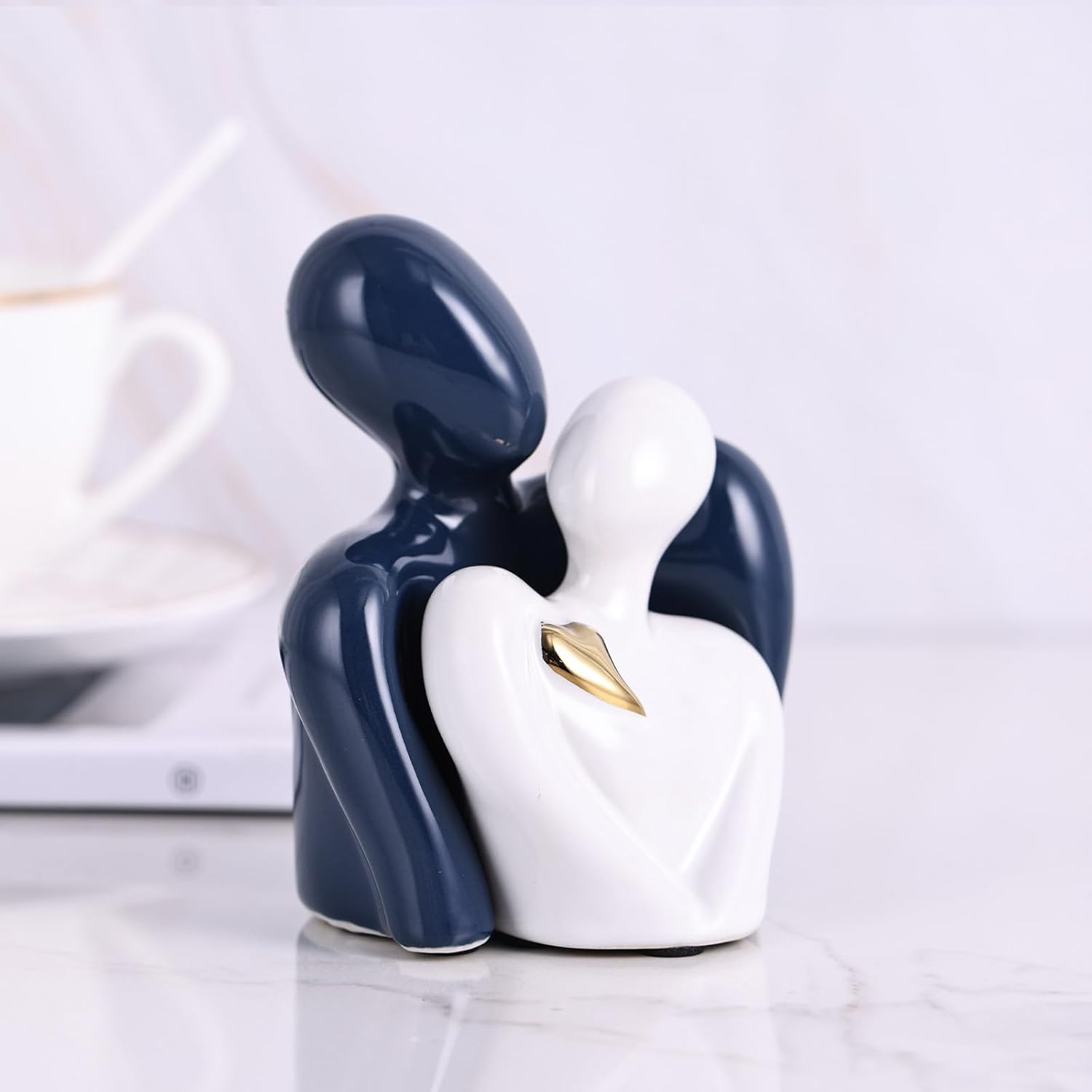 Mini Couple Ceramic Small Statue / Blue White and Gold