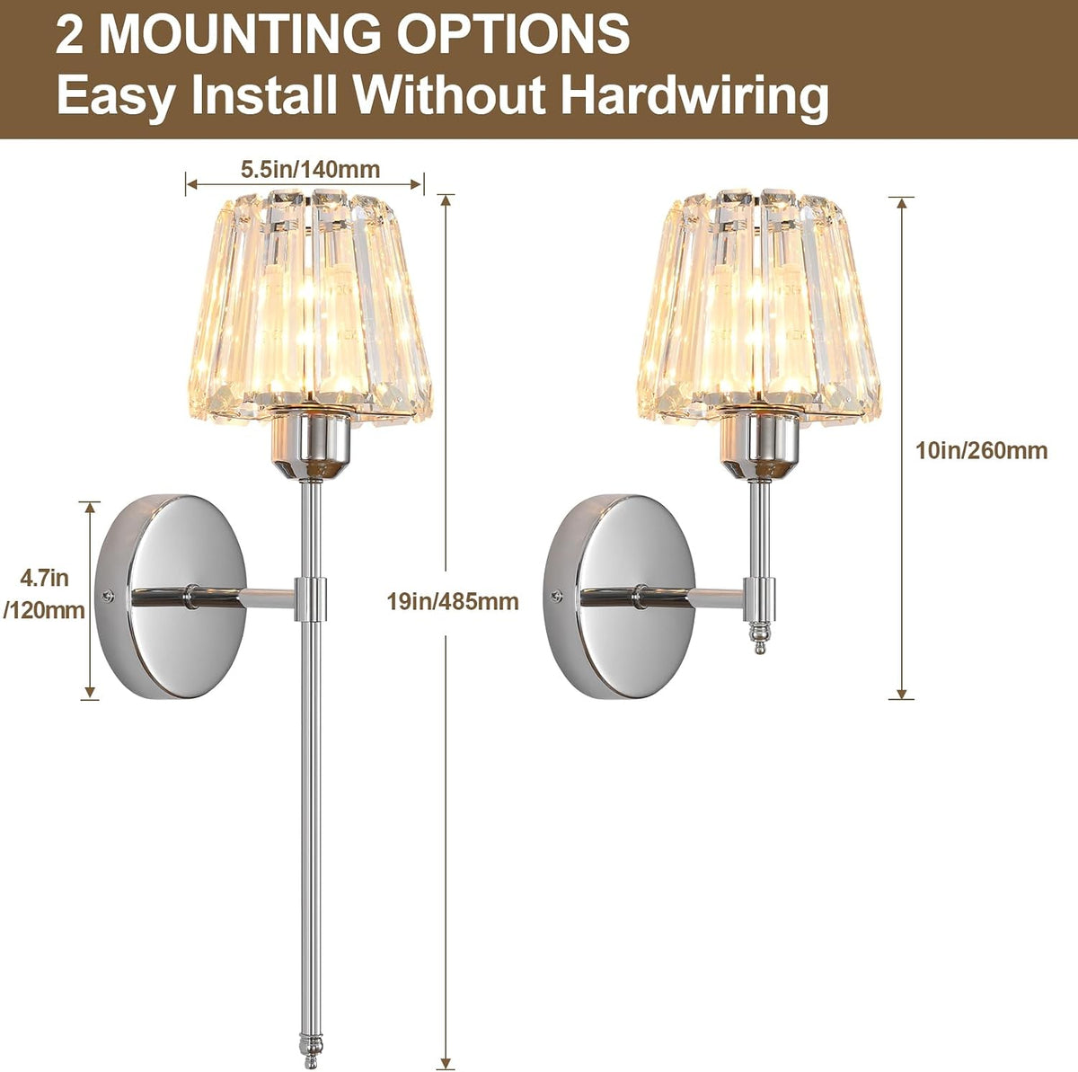 Battery Operated Crystal Wall Sconce Set of 2, Chrome Rechargeable Wireless Wall Sconces with Remote Dimmable 12 Colors