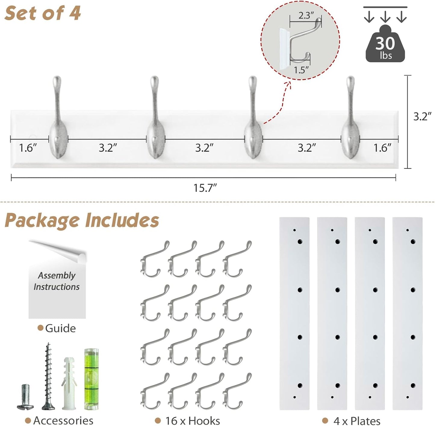 Forbena White Coat Rack Wall Mount 4-Pack, Coat Hanger Wall Mounted for Hanging Clothes Purse, Modern Key Holder Hooks