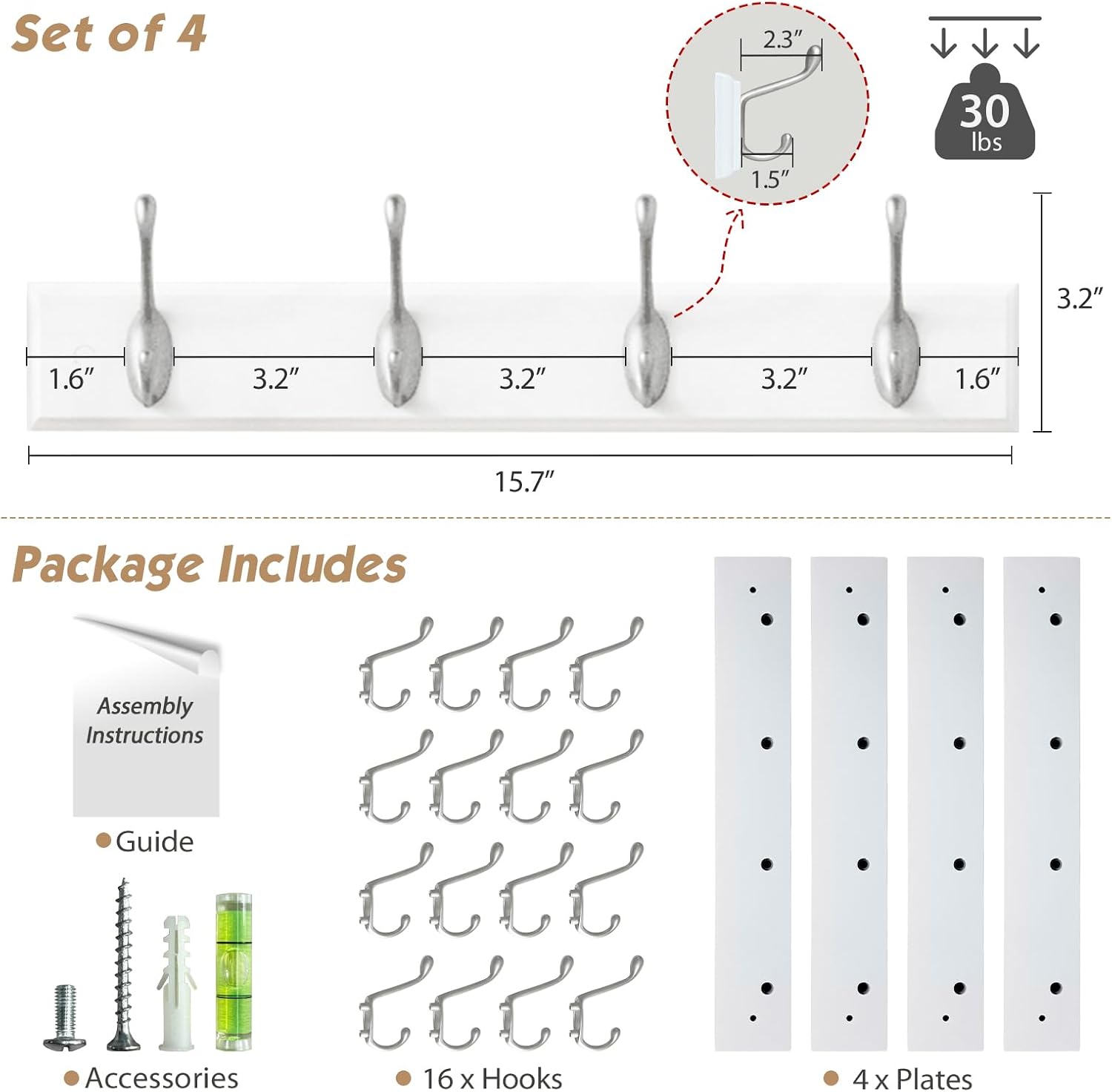 Forbena White Coat Rack Wall Mount 4-Pack, Coat Hanger Wall Mounted for Hanging Clothes Purse, Modern Key Holder Hooks