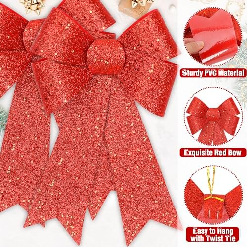 2 PCS Christmas Bows, 12 x 18 IN Christmas Bows Outdoor, Glitter Red Xmas Decorations Velvet PVC Large Christmas Bows Indoor Outdoor Christmas Wreath Bows Hanging Decor for Fence Fireplace Stairs