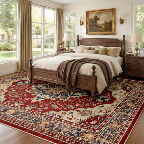 RELEANY Washable Area Rug, Large 9'x12', Red/Blue