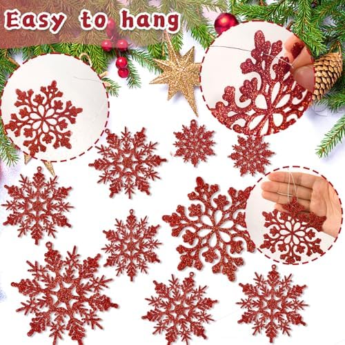36pcs Red Christmas Snowflake Ornaments, Plastic Glitter Hanging Snow Flakes for Christmas Tree Decorations Winter Wonderland Frozen Birthday Party Holiday Home Decor Craft Snowflakes