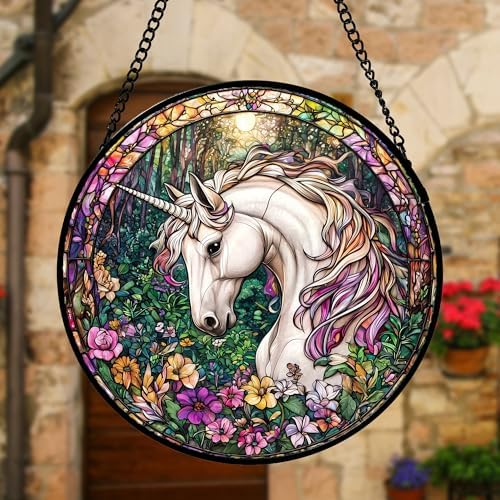 Unicorn in Flower Forest Stained Glass Window Hanging Suncatcher Gift 9.8"