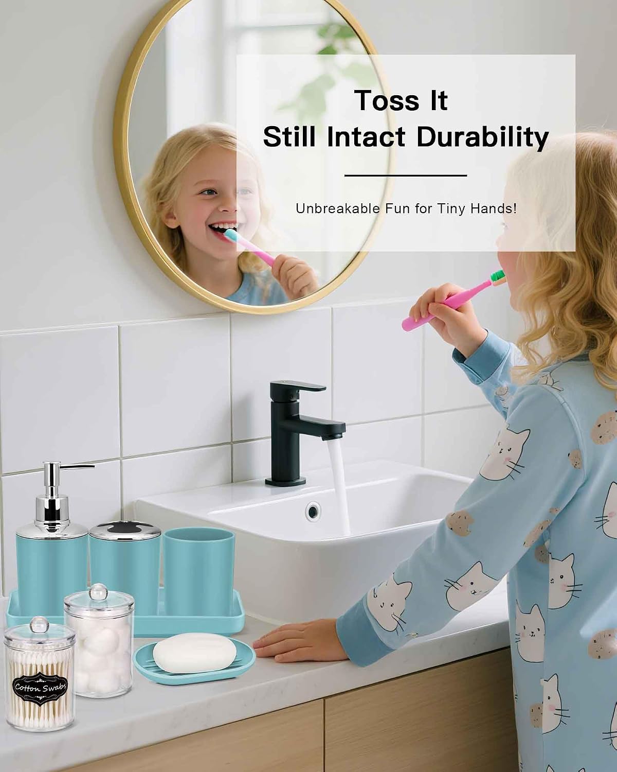IMAVO Bathroom Accessories Set,Blue Bathroom Set,9 Pieces Bathroom Accessory Set,Tray,Qtip Holders,Toilet Brush,Trash