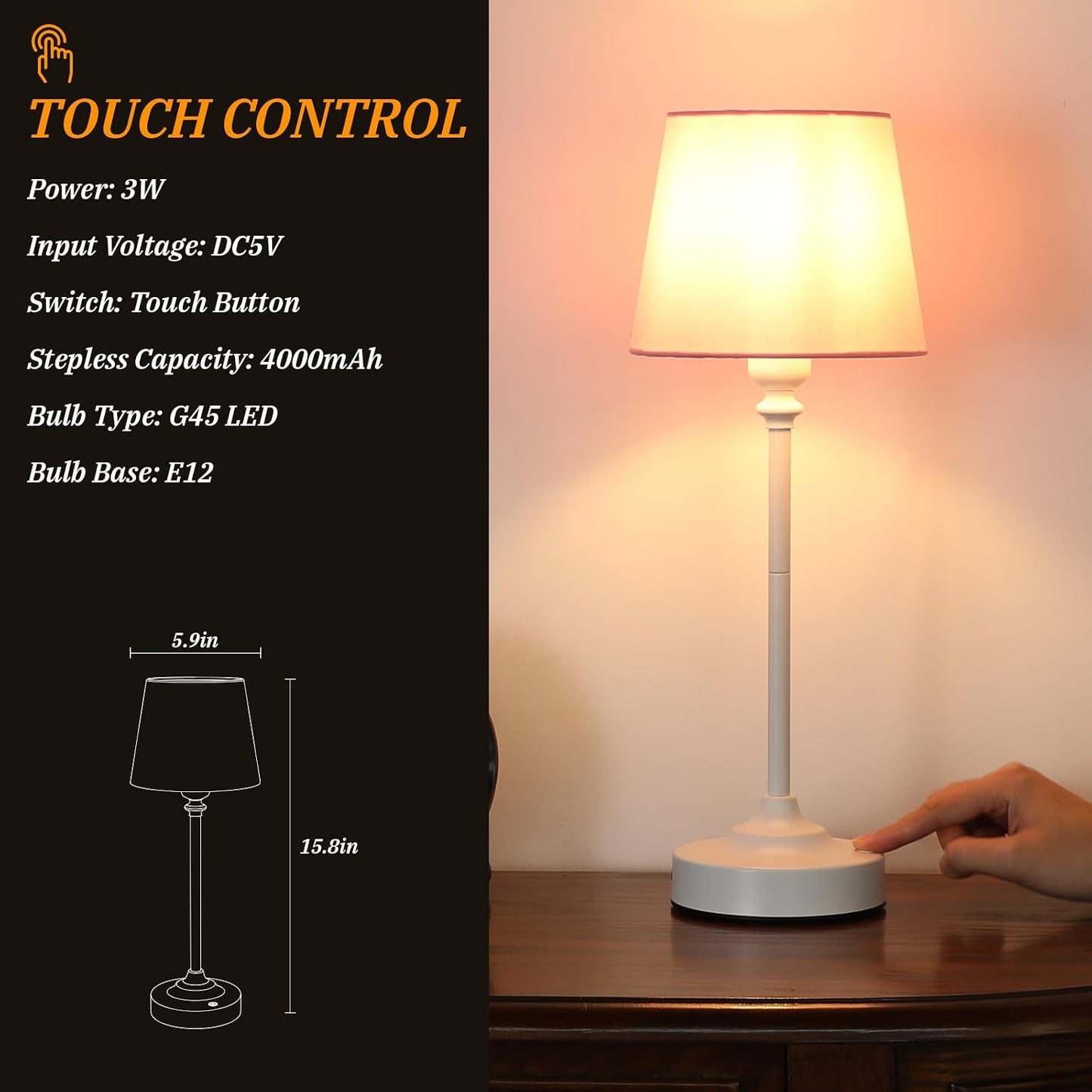 Cordless Table Lamps Rechargeable Set - 2 Pack White 4000mAH Battery Operated Lamps for Decor, 3000K Stepless Dimming