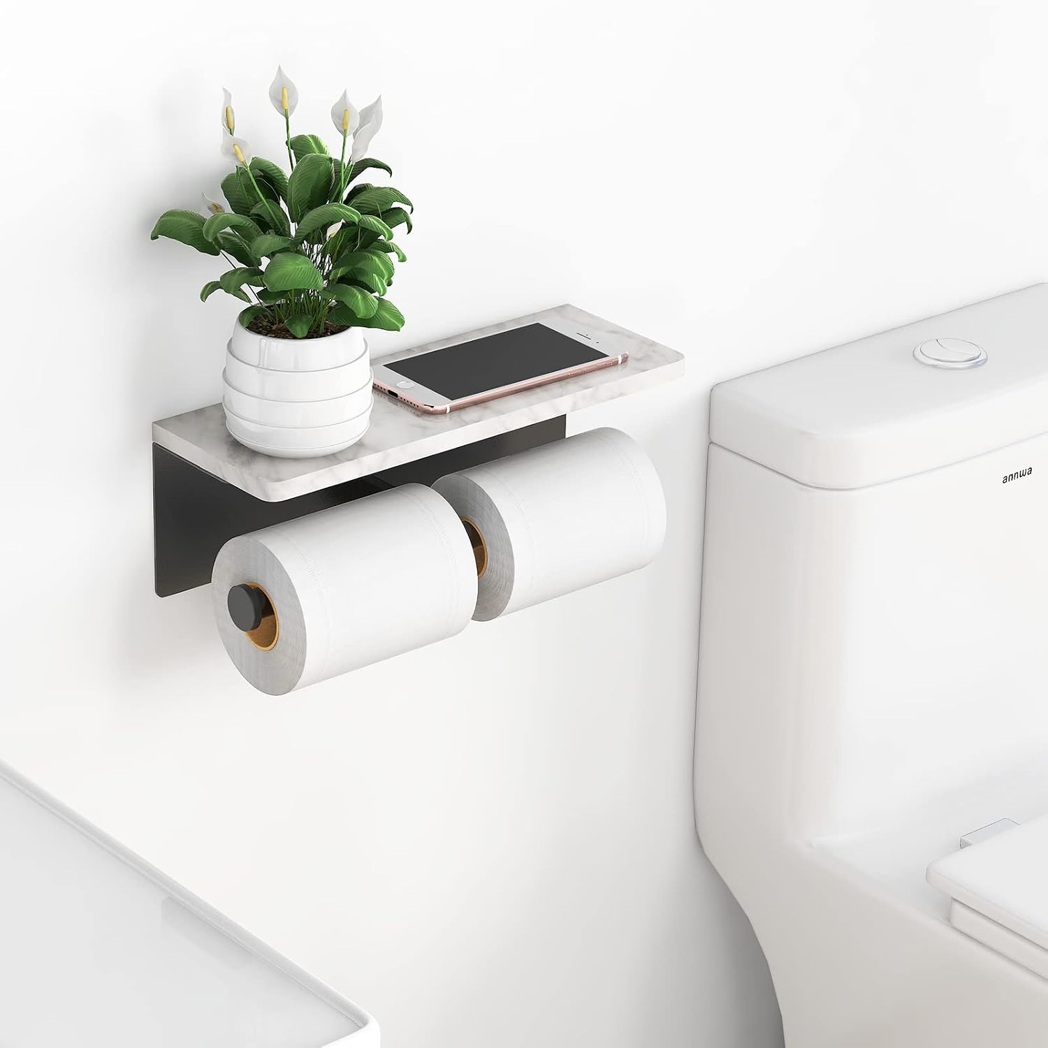 Gypie Toilet Paper Holder with Marble Shelf, Wall Mount, Double Black | Stainless Steel Tissue Roll Paper Holder