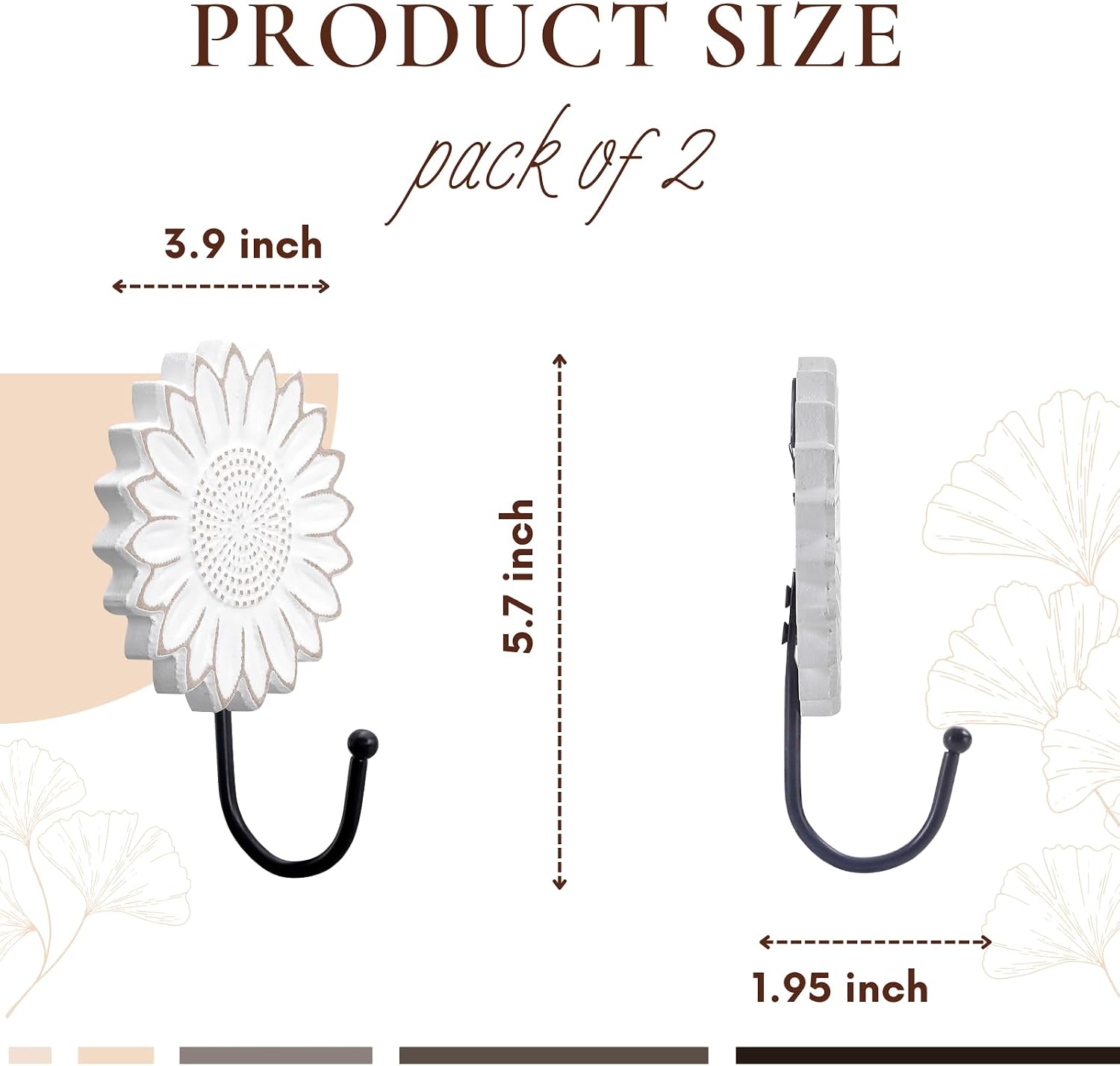 Rustic Wooden Sunflower Wall Hooks / White / Set of 2