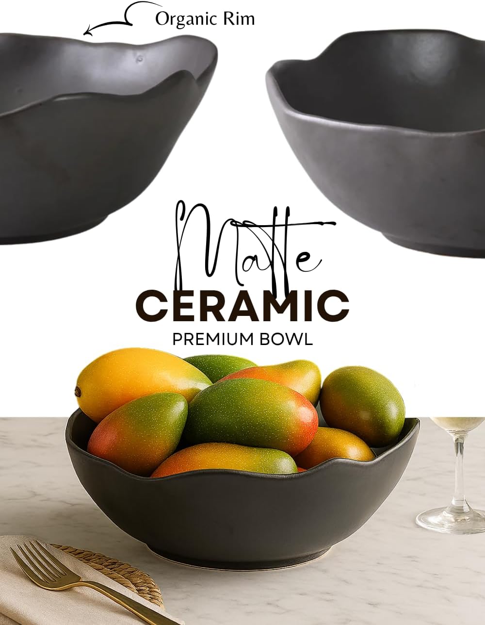Organic Wavy Rim Ceramic Bowl / Black - XXL