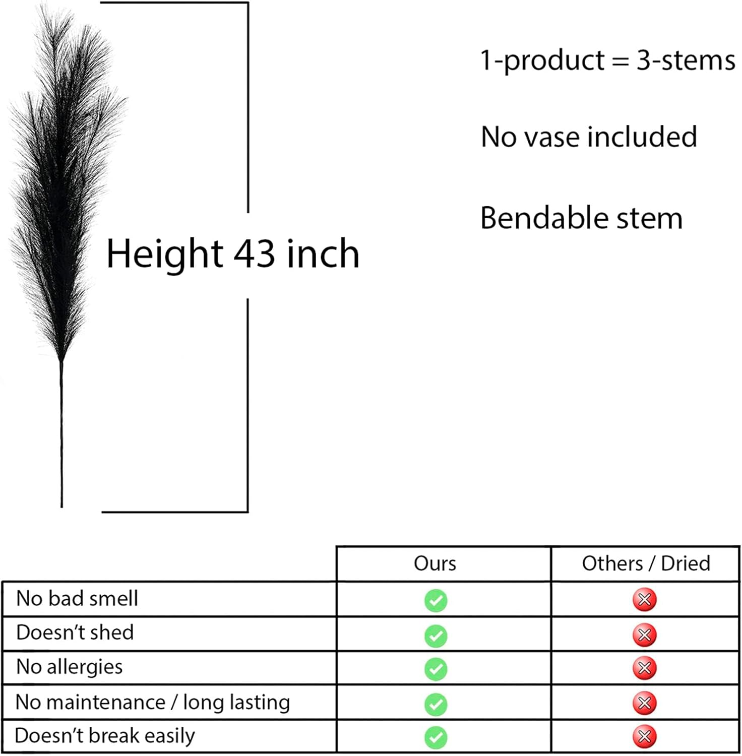 Tall Pampas Grass for Floor Vase / Black / Set of 3