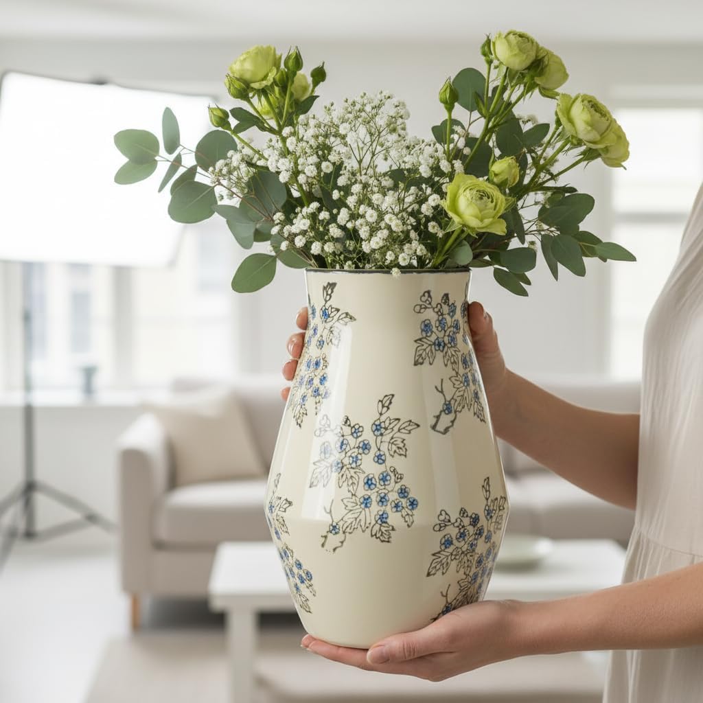 Tall Ceramic Vase for Flowers / Blue and White / 11 Inch
