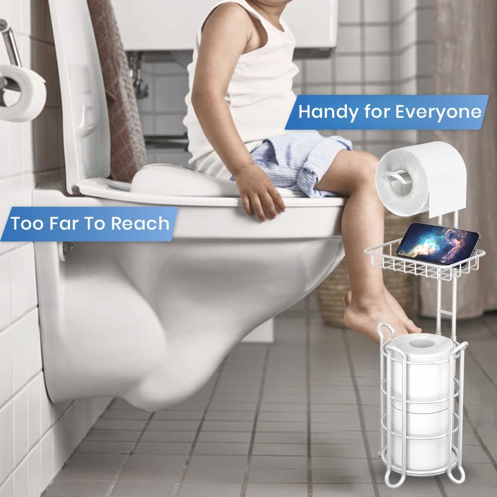 Toilet Paper Roll Holder Stand Bathroom Tissue Holders Free Standing with Middle Shelf Storage Reserve Mega