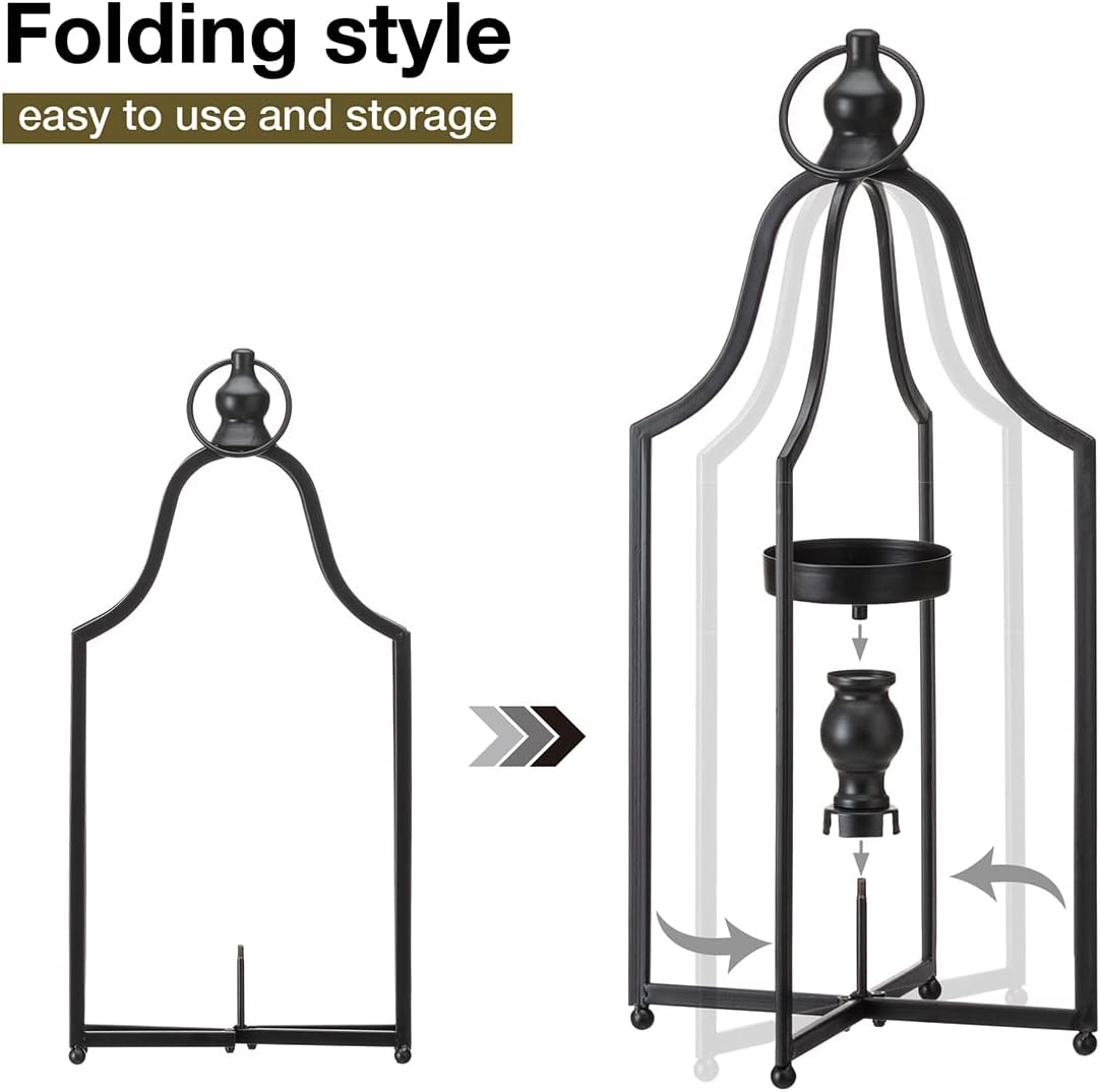 Glitzhome Modern Farmhouse Metal Lanterns Decorative Hanging Candle Lanterns Distressed Black Set of 2 (Small)