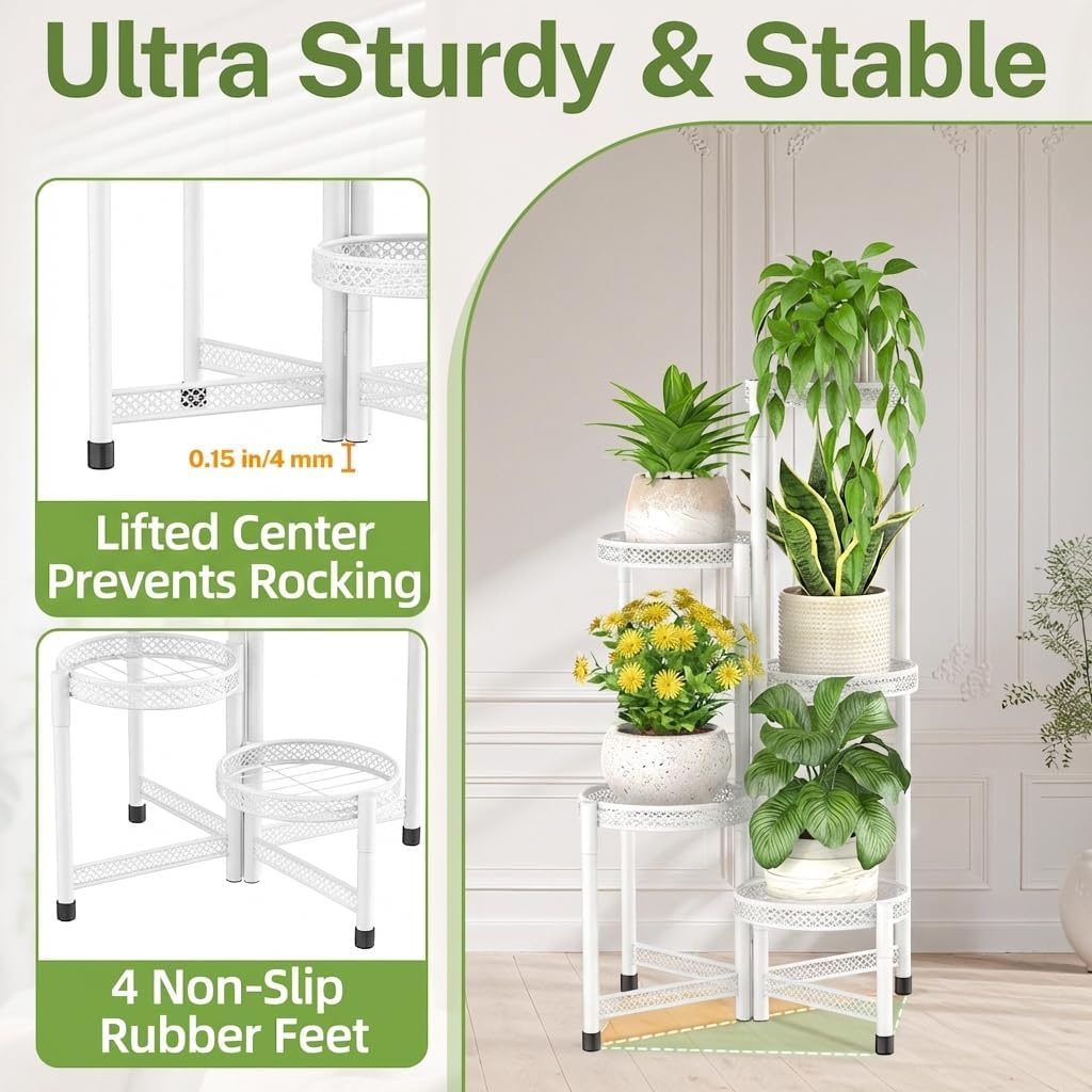 iDavosic.ly Plant Stand Indoor Outdoor, 5 Tier Iron Corner Shelf, White | Tiered Tall Flower Display Holder, Folding