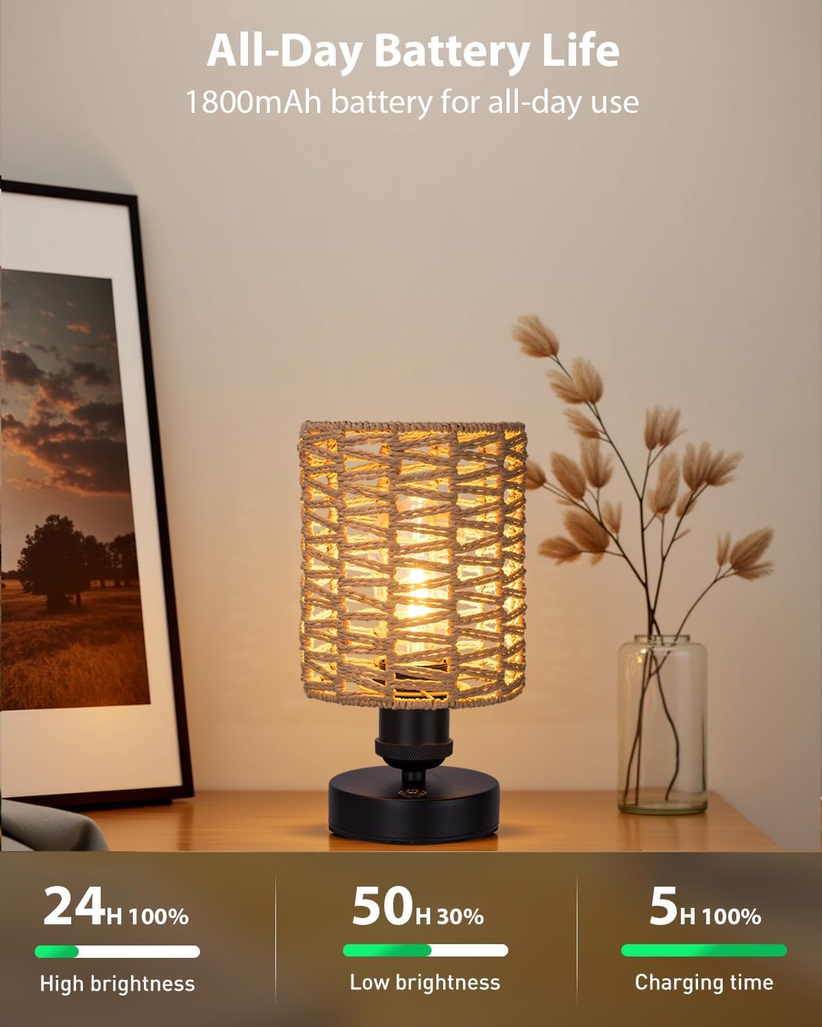 Cordless Outdoor Table Lamps, Small Rattan Boho, Rechargeable Battery Operated for Outdoor Patio, Home, Living Room