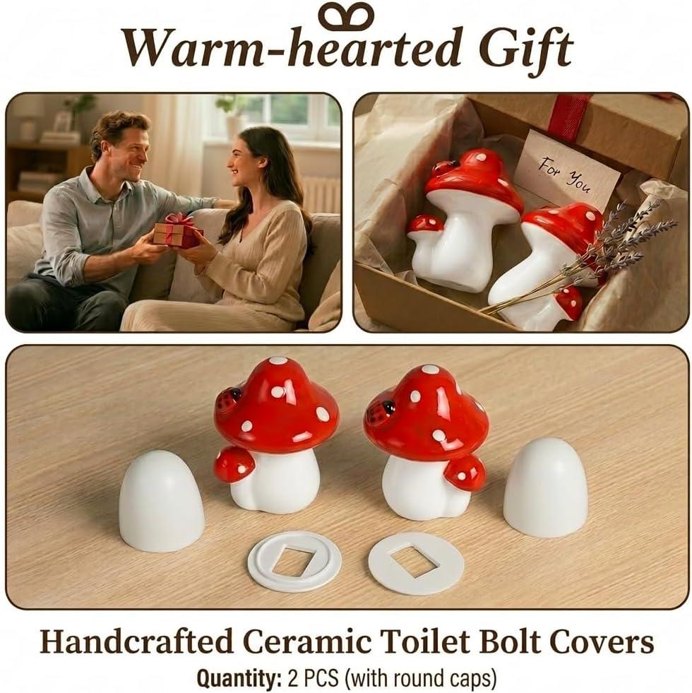 Mushroom Toilet Bolt Covers Decorative Ceramic Bathroom Decor / White Mushroom / Set of 2