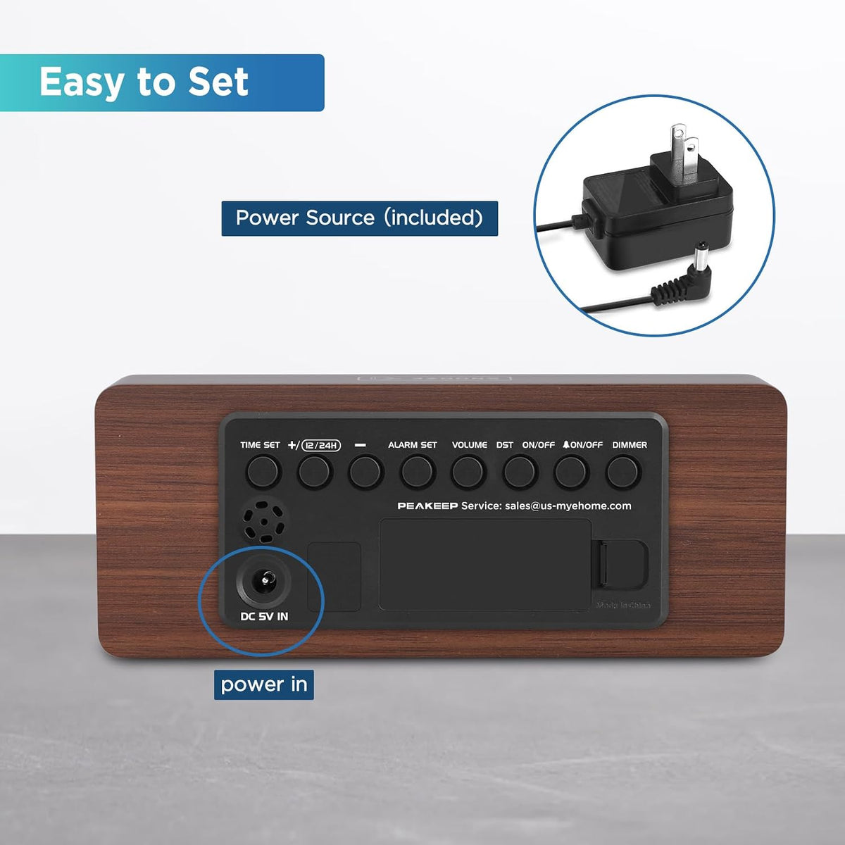 Peakeep Wooden Digital Alarm Clock Large Display, Textured Decoration | for Bedroom Living Room Desk Table, Electric