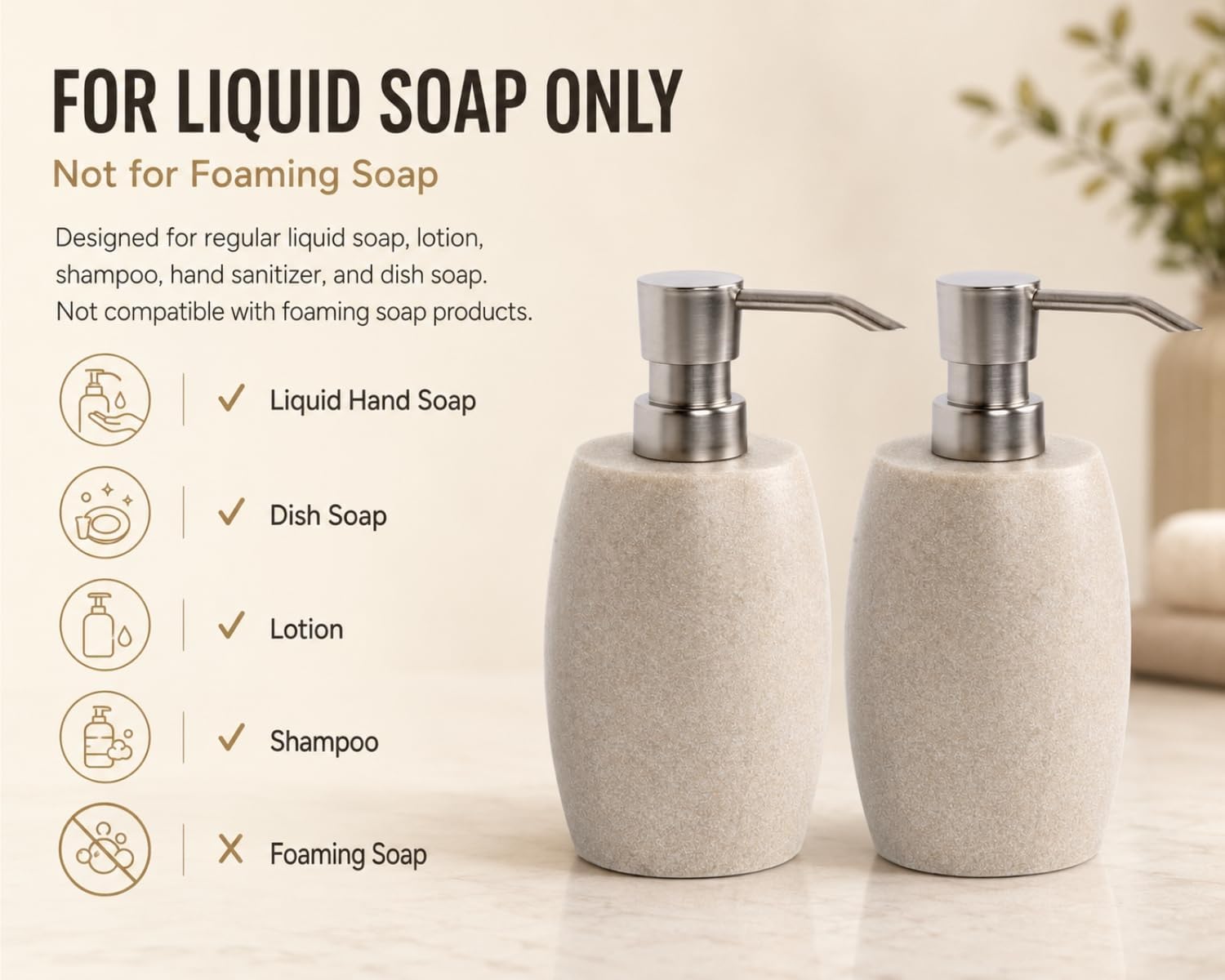 Clasin Home Sandstone Textured Resin Soap Dispenser with Metallic Pump and Waterproof Bottle Labels for Bathroom