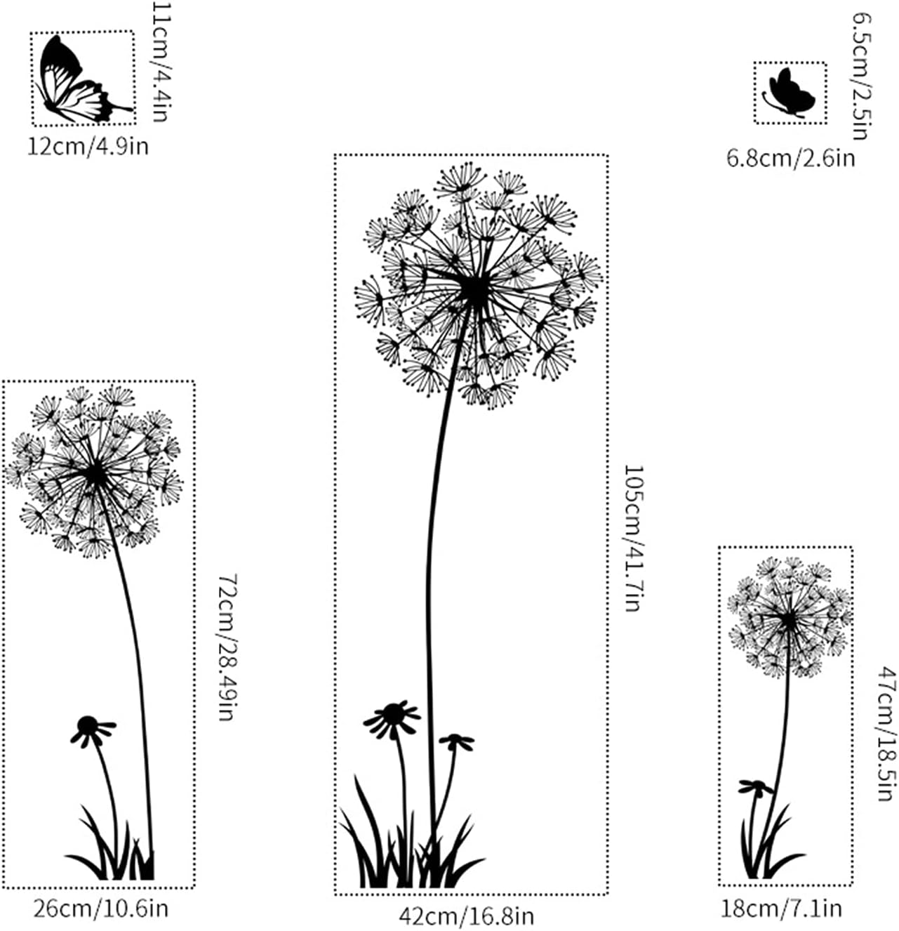 Flower Stickers / Dandelion Wall Decals / # F 2 Set Black Dandelion Wall Decals / Set of 2