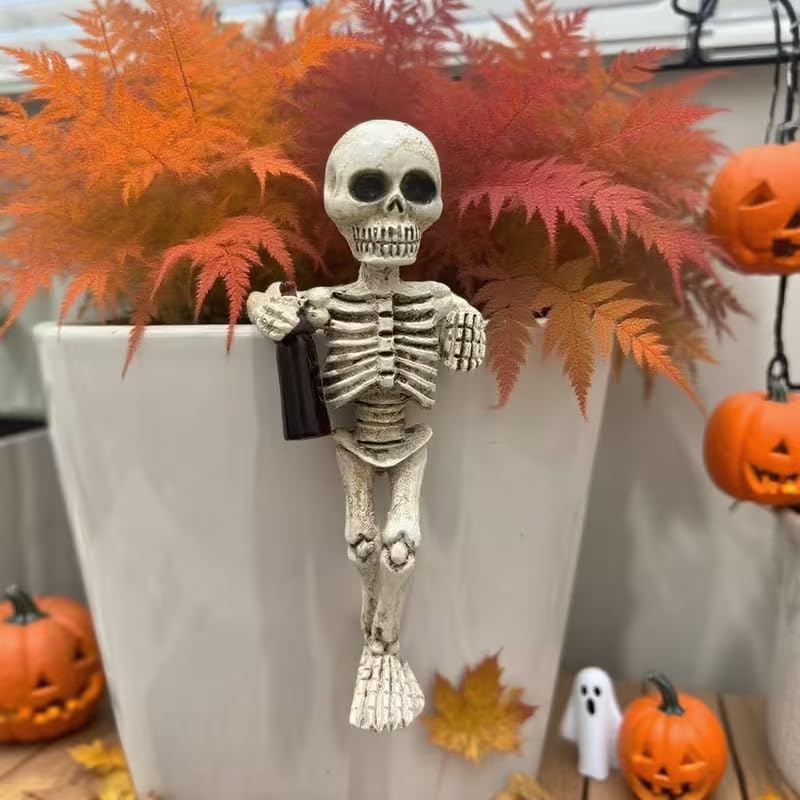 Halloween Skeleton Flowerpot Decoration, Weather Resistant Resin Garden Statue (Black Cup)