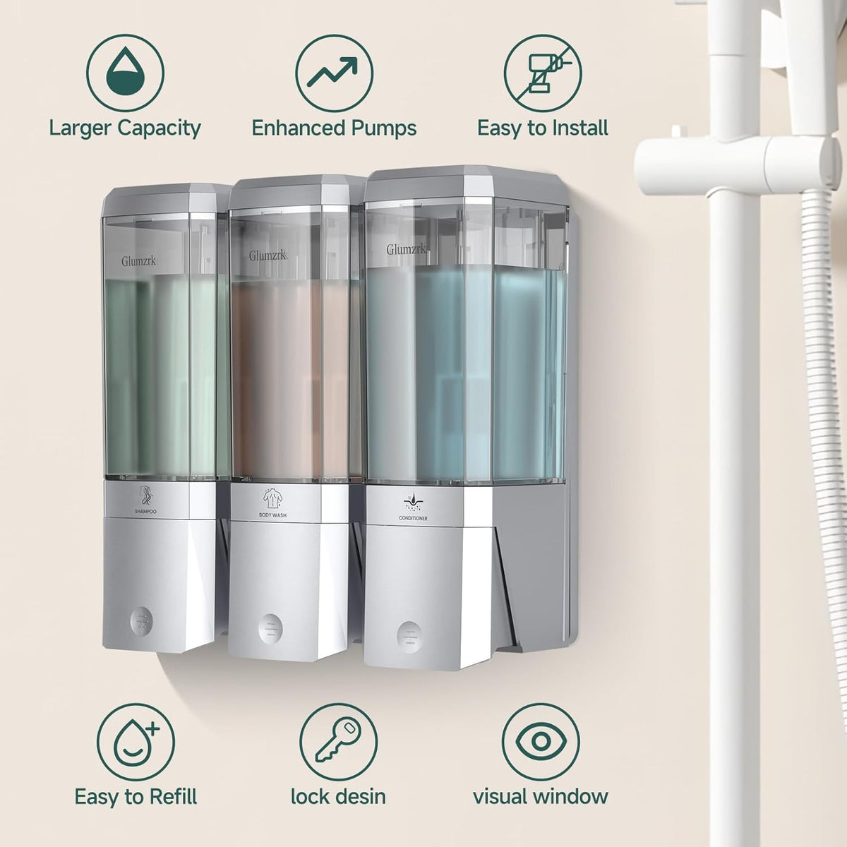 Shampoo and Conditioner Dispenser 3 Chamber No Drill Shower Soap Dispenser Wall Mounted Shampoo Conditioner Body Wash