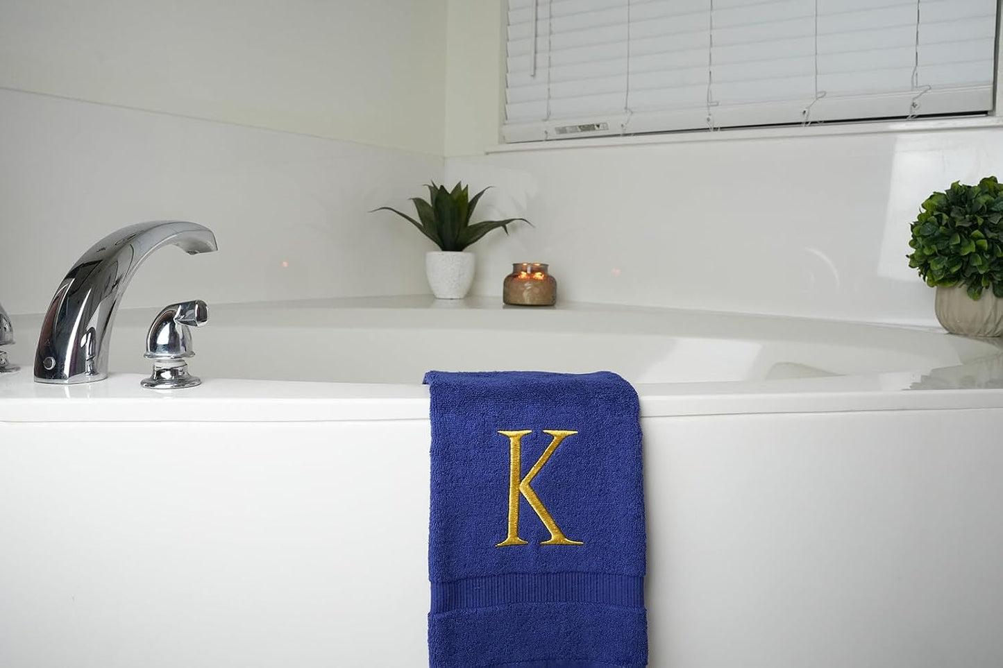 Navy with Gold Monogrammed Hand Towels for Bathroom - Set of 2 Letter K | Luxury Hotel Quality Initial Towels For