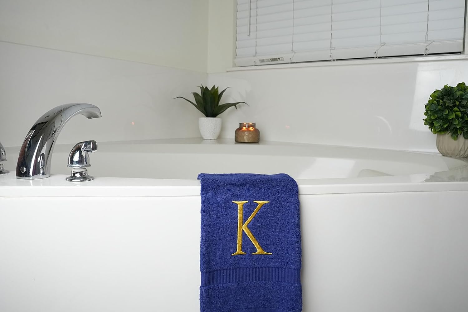 Navy with Gold Monogrammed Hand Towels for Bathroom - Set of 2 Letter K | Luxury Hotel Quality Initial Towels For