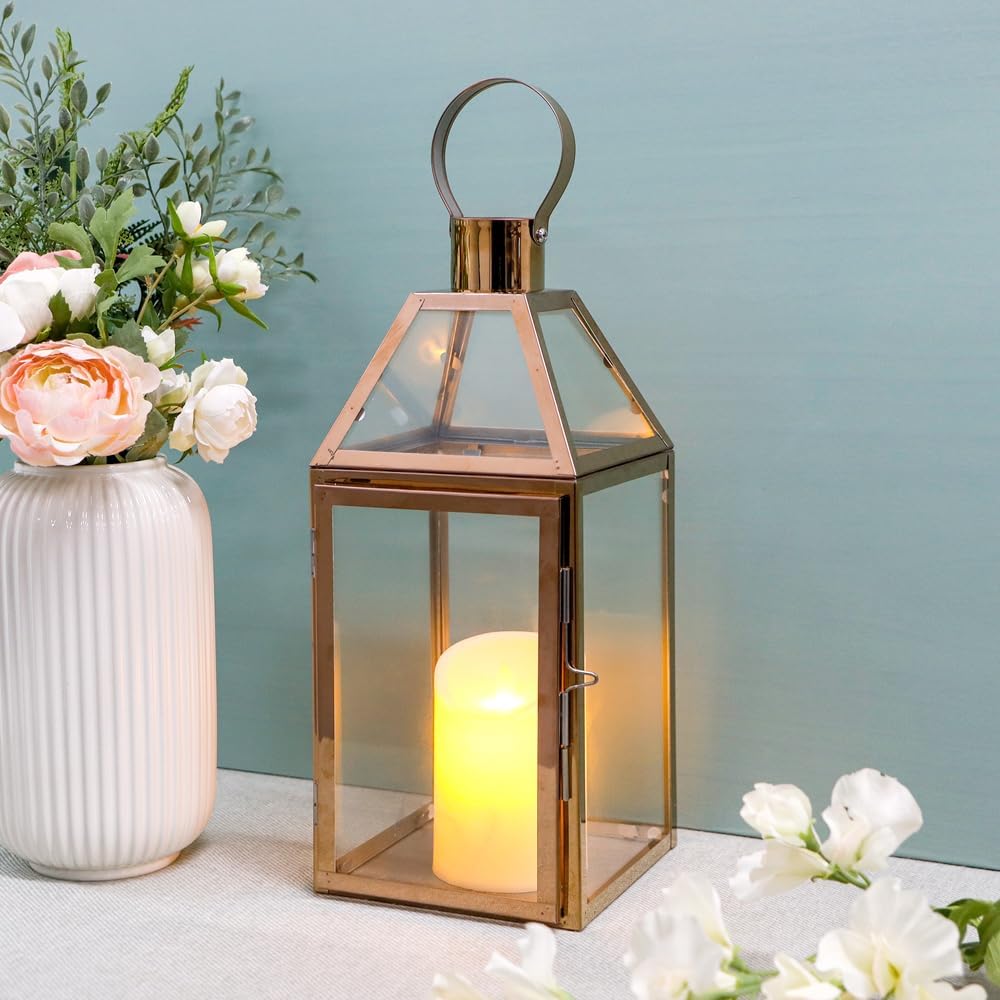 JHY Design Rose Gold Decorative Lanterns 16 inch High Stainless Steel Candle Lanterns with Tempered Glass for Indoor