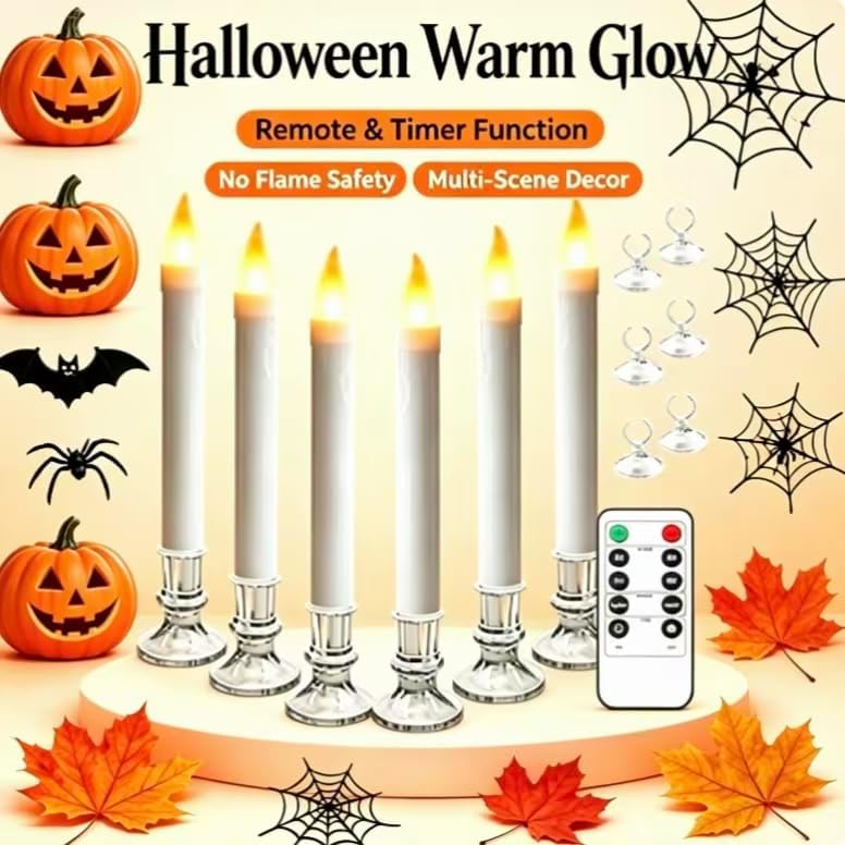 Christmas Window Candles, 9.3in Flameless Taper, Silvery, 6pcs