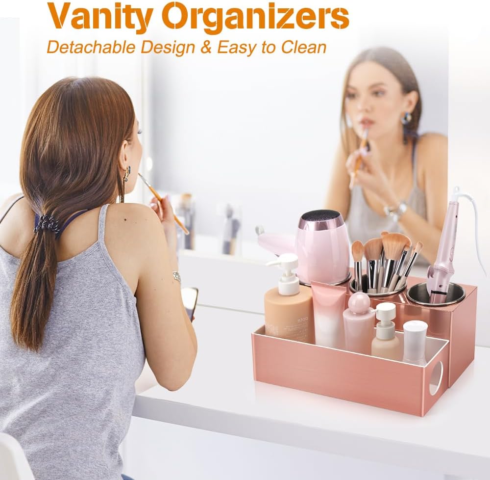 GFWARE Hot Hair Styling Tool Organizer with 3 Stainless Steel Cups, Pink | Bathroom Vanity Organizer Storage, Hair