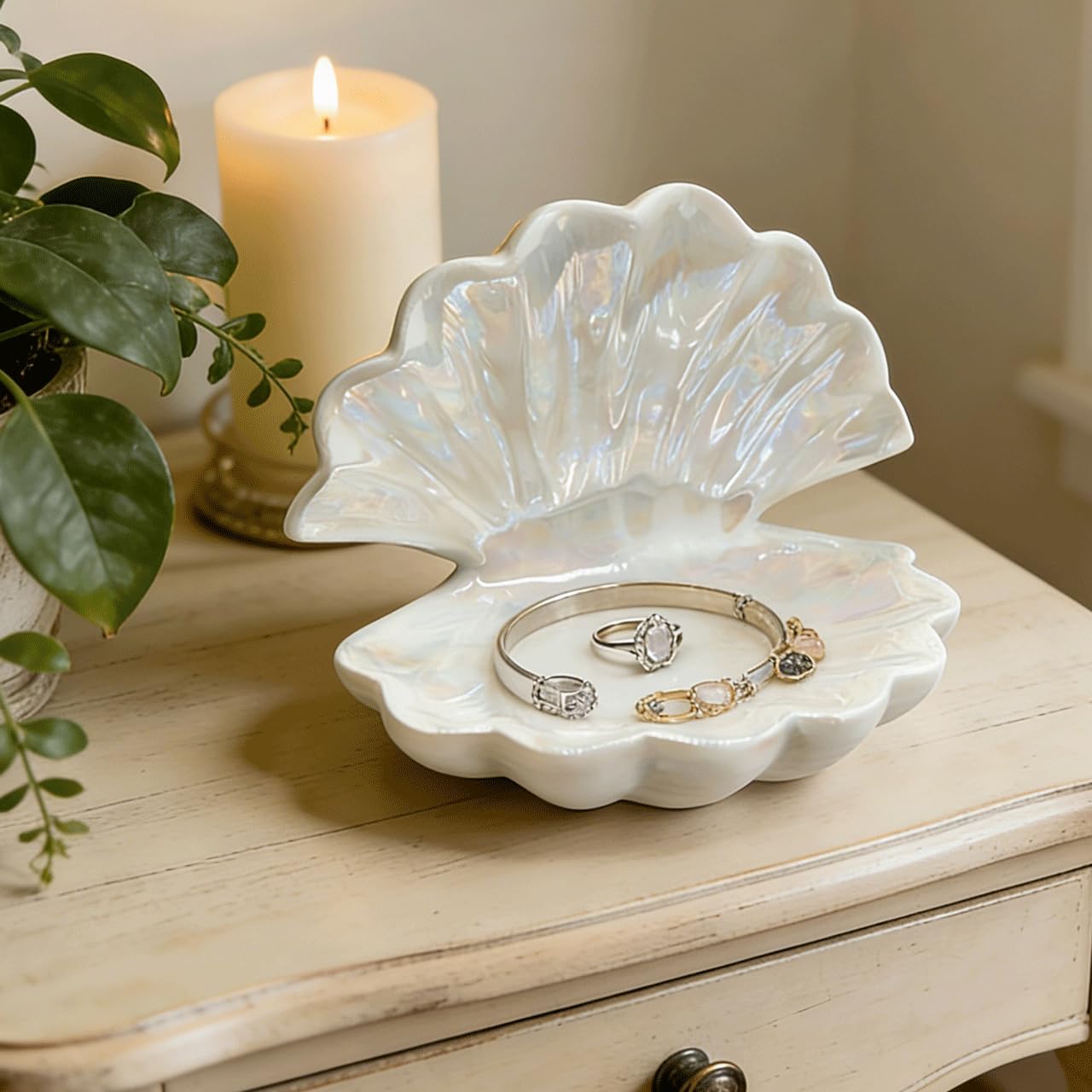 Ceramic Seashell Jewelry Tray Ring Dish / White