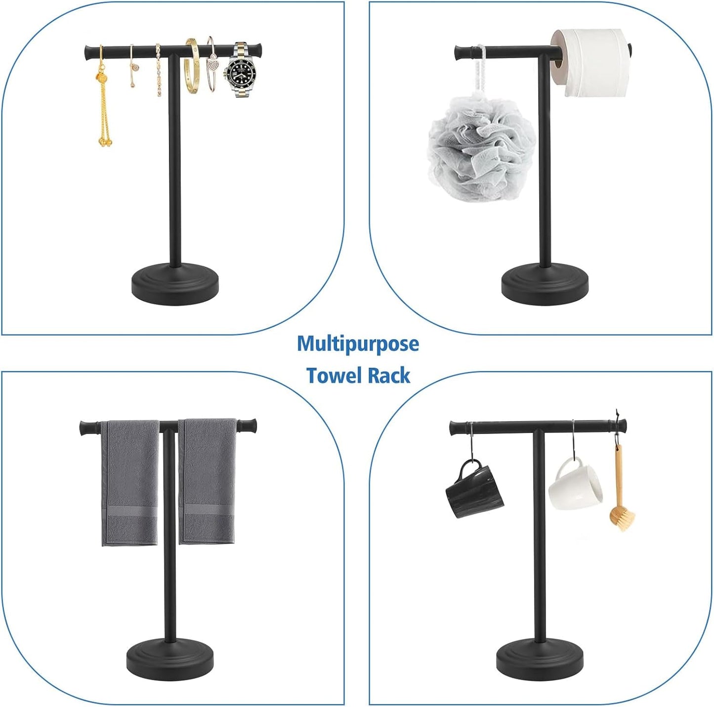 RUMOSE Matte Black Hand Towel Holder Stand Countertop Towel Rack | 13 Inch Bathroom Kitchen Vanity T-Shape Towel Stand