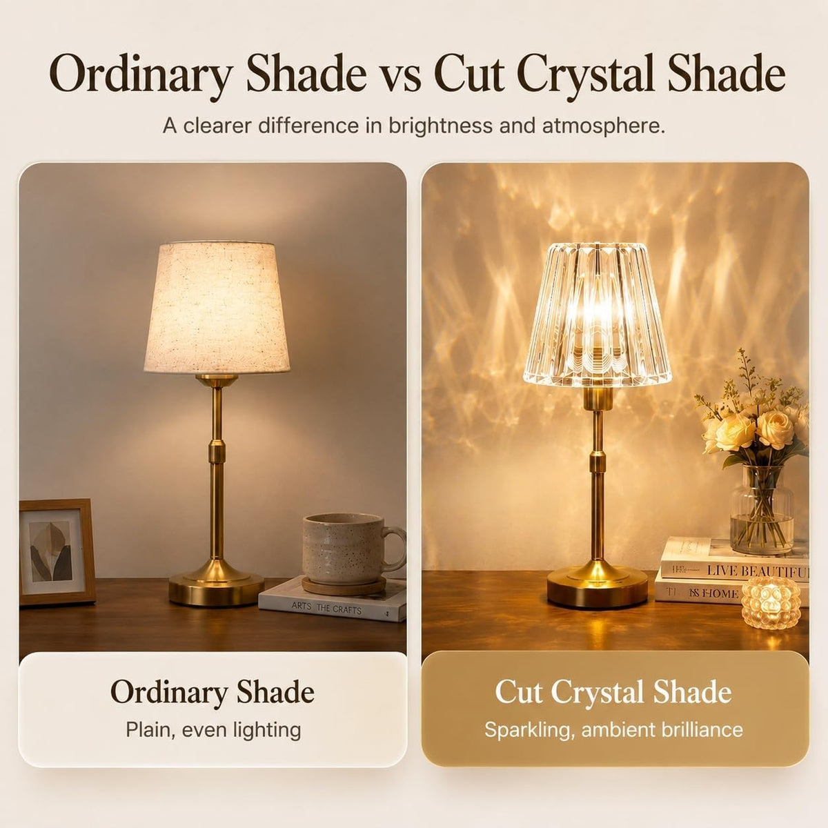 Small Cordless Rechargeable Touch Table Lamp, Gold | 5200mAh USB-C, Dimmable Warm Crystal Light, Portable Decor for