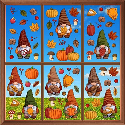 WALPLUS Fall Decor Autumn Window Clings Thanksgiving Decorations Double-Sided Reusable Peel and Stick Removable for Glass Living Room Nursery Room Home Office Thanksgiving Gnomes 102 Pieces