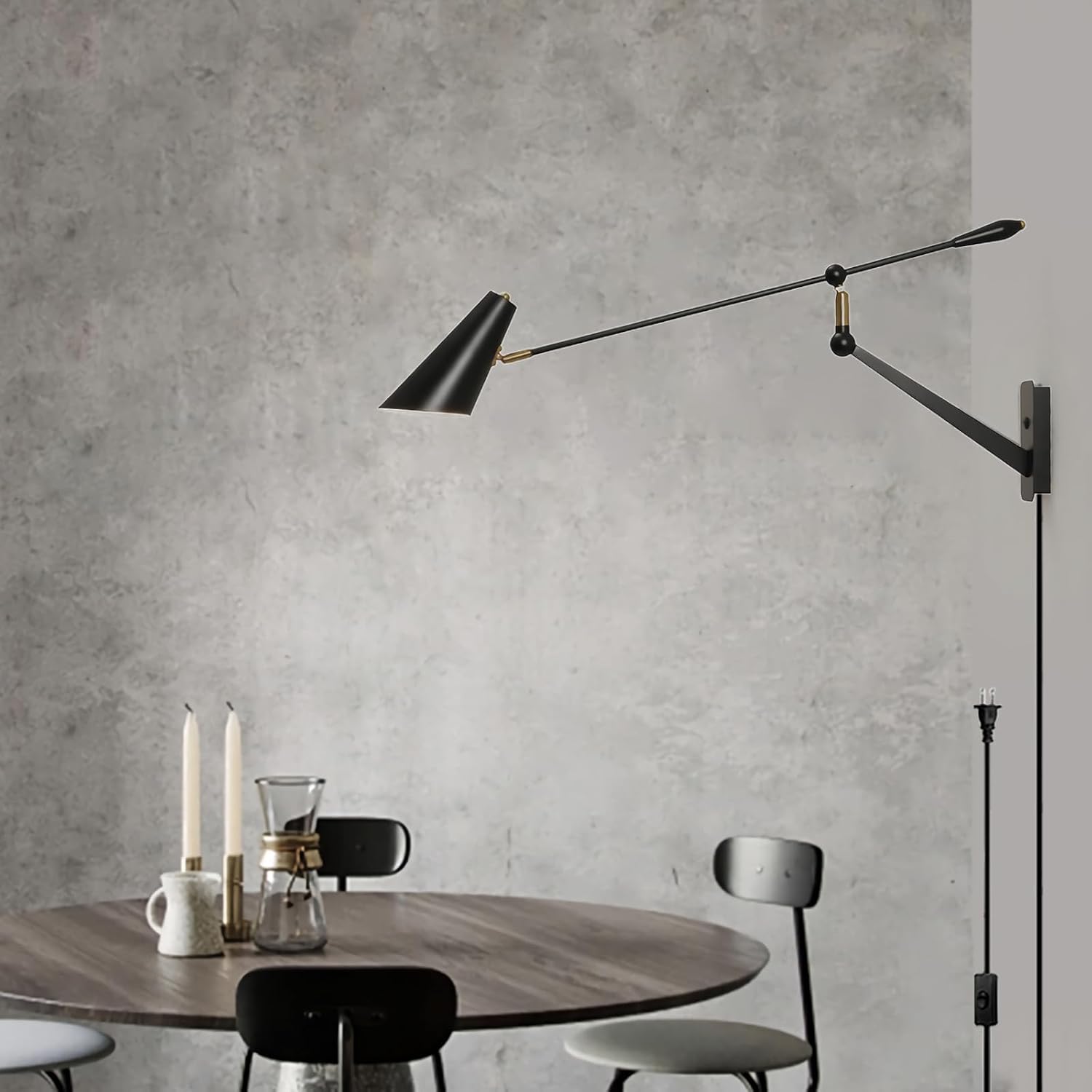 Adjustable Directional Plug in wall Light Swing arm, Unique Long Pole wall Lamps for Living Room Sofa Background Wall