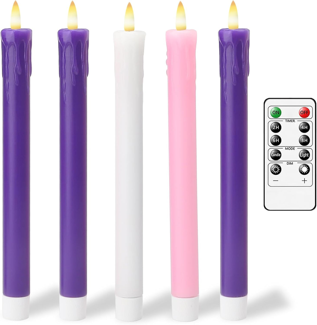 Lezonic Flameless Advent Candles Battery Operated with Remote, Set of 5 Wax Christmas Taper Nativity Candles, LED Advent Wreath Candles for Church Home Christian Decor, 3 Purple & 1 Pink & 1 White
