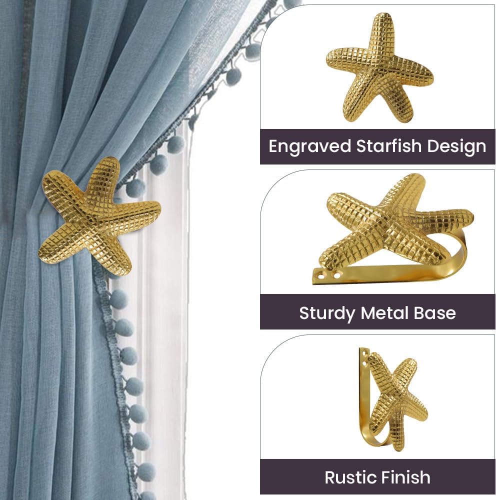 The Metal Magician Metal Nautical Starfish Curtain Holdback & Curtain Holder for Home, Bedroom & Office (Starfish Gold