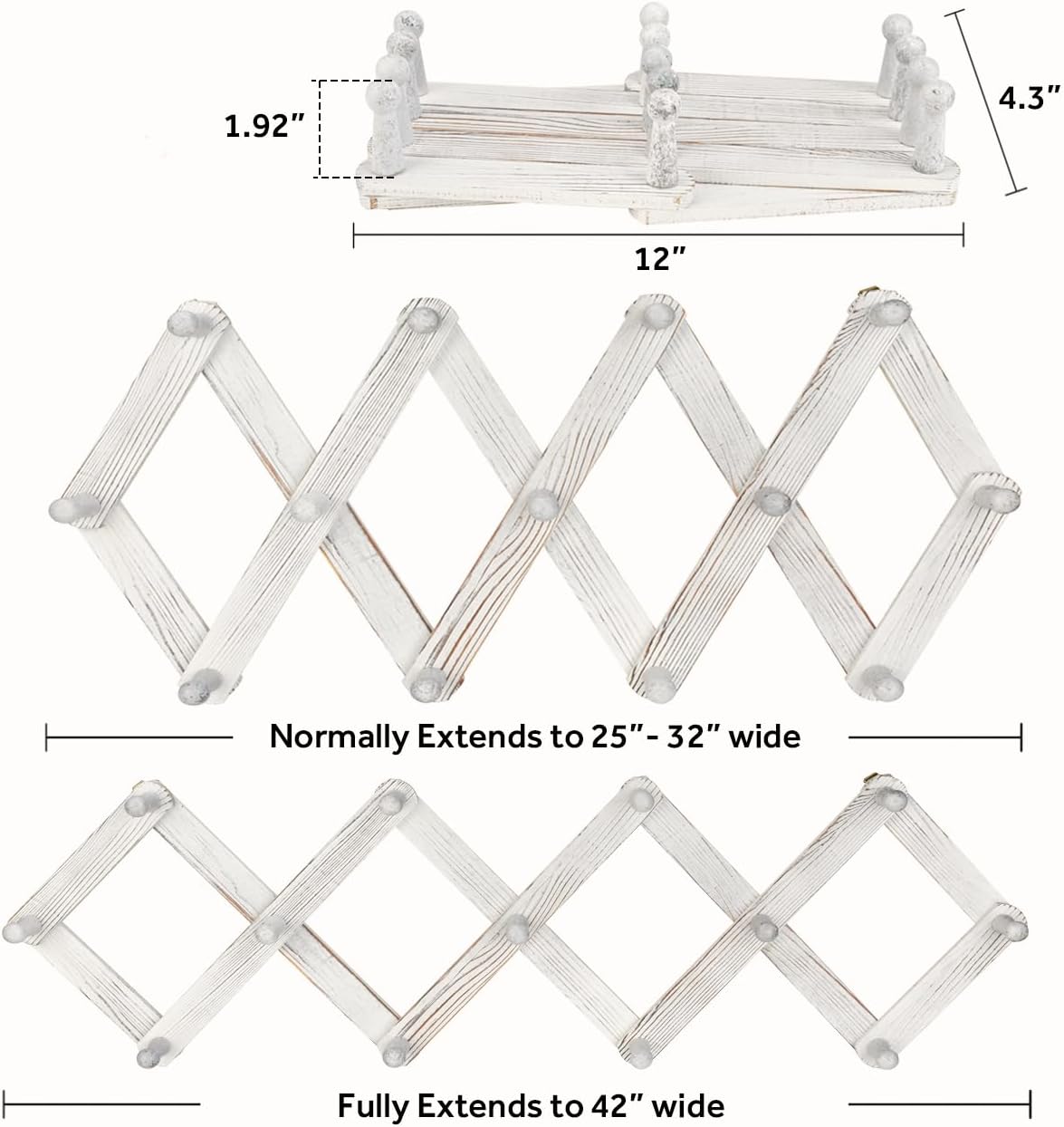 Accordian Wall Hanger, Expandable Coat Rack Wall Mounted, Accordion Style Wood Hat Rack with 13 Peg Hooks for Hanging