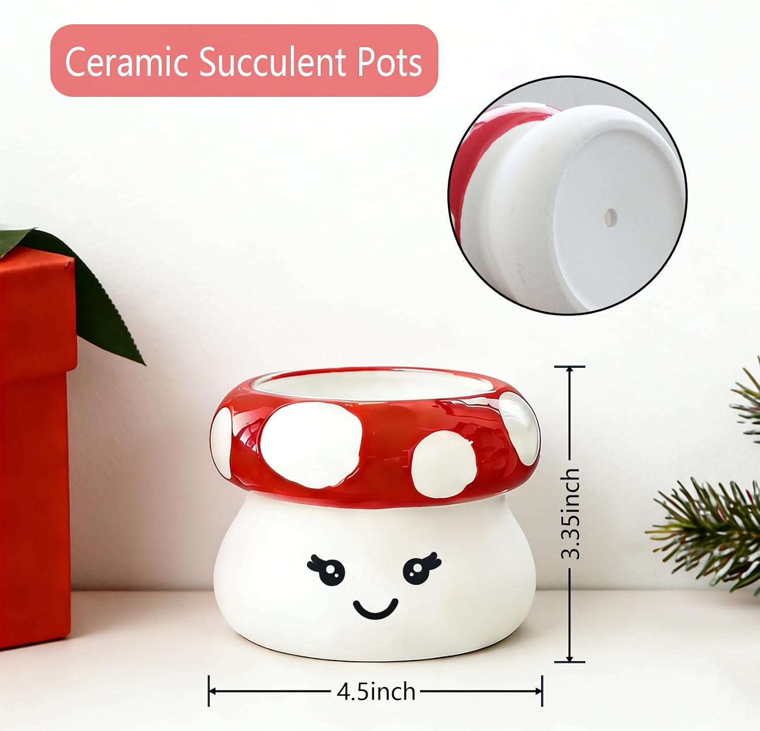 Red Ceramic Mushroom Planter Pot / Red and White / 4.5 x 3.35